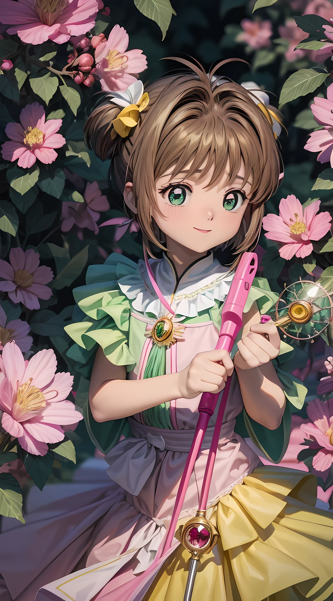 "obra prima, alta qualidade, Kinomoto Sakura, dia ensolarado, happy expression, olhos verdes,  Pink dress with her magic crosier to capture clow cards (olhos perfeitos verdes) camera focos no olhos .