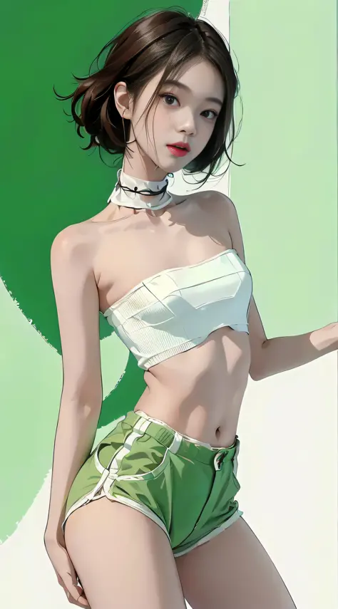(1girl:1.3), Solo, _ Kim Ji-ni Jennie face, wearing a light green armband sweater, cropped style, white bandeau underneath, ligh...
