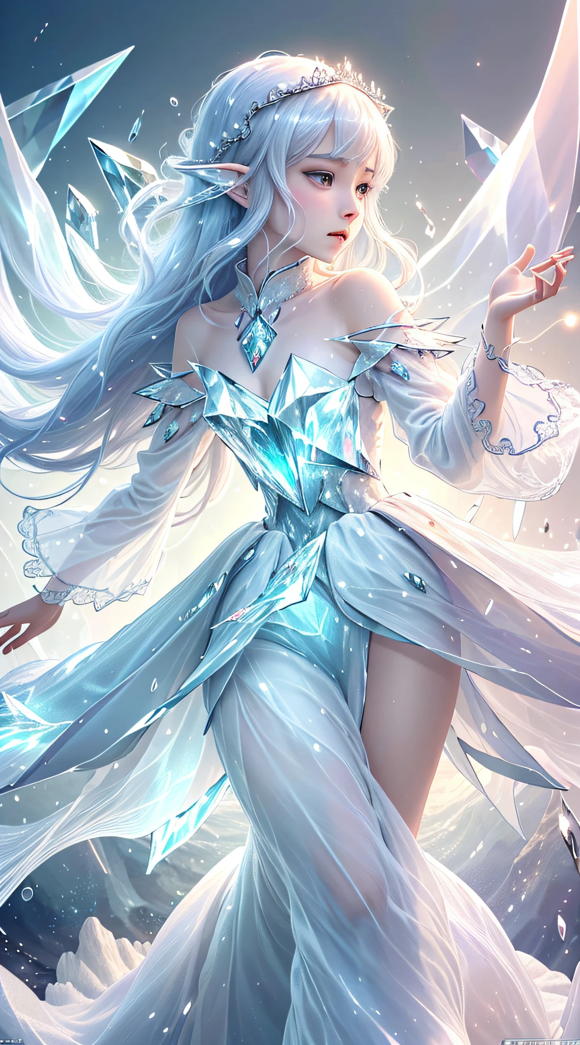(Masterpiece, Top Quality, Best, Official Art, Beautiful and Aesthetic, Long Exposure: 1.2), Smooth Movement, Charming Patterns, 1 Girl, (Long Dress with Sleeves: 1.3), (((White Clothes) )), upper body close-up, bare shoulders, Chinese girl, blush, black lob hair, portrait, solo, upper body, looking at the observer, detailed background, detailed face, (crystallineAI, crystalline theme:1.1), elemental wind elves, rotation Wind, control the wind, white crystal clothing, dynamic pose, floating particles, ethereal dynamics, whirlwind, vapor, whirlwind in the background, white tone, whirlwind, ethereal atmosphere,