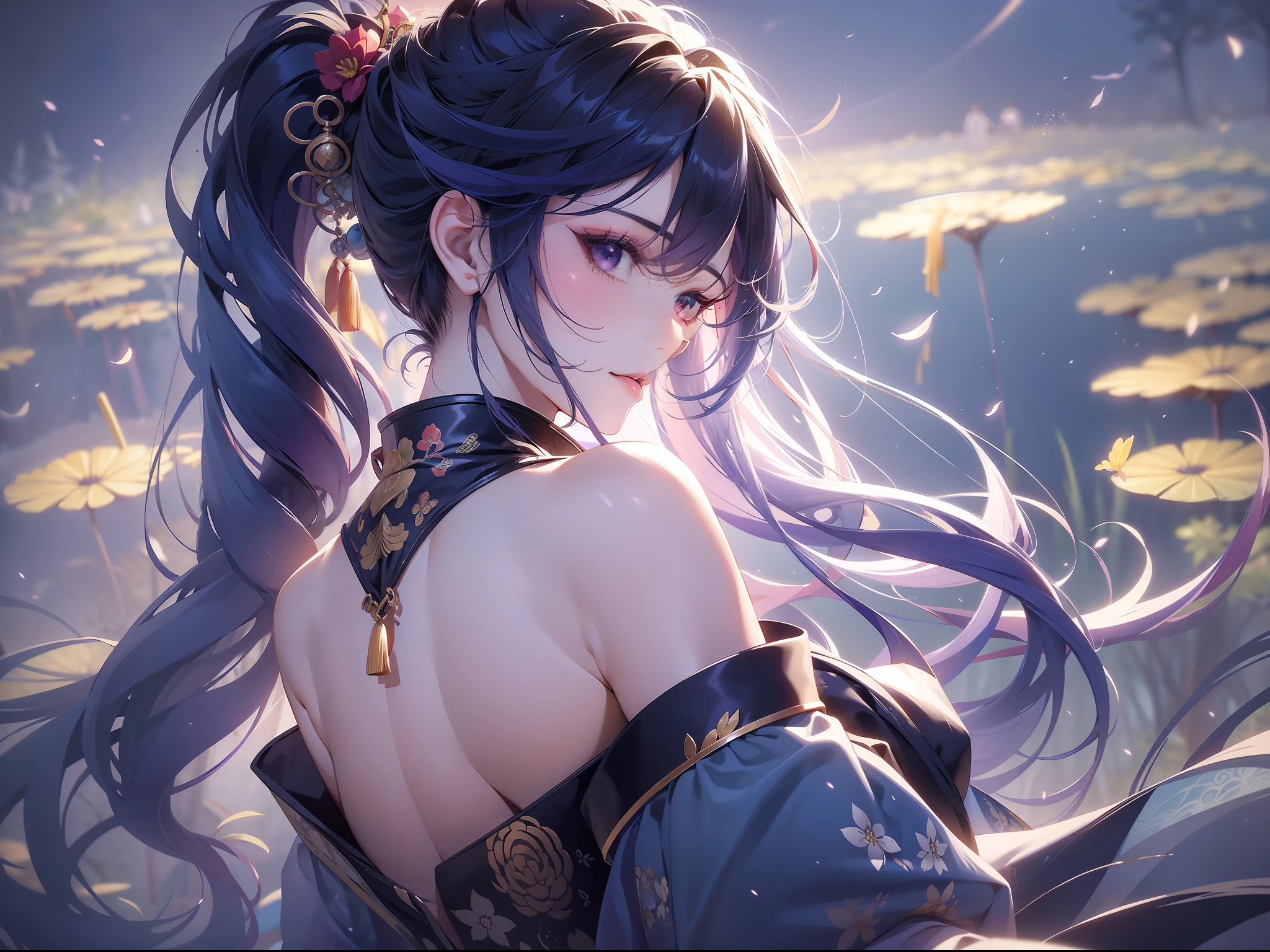 solo, beautiful female, wuxiaworld, Ancient Chinese Articles of Clothing, ancient customs, wind blow, blossom, pond, night, moon relection in the pond, blue hair, purple hair, ponytail, long hair, , gradient hair, black hair, silver hair, long hair, ray tracing, reflection light, depth of field, from behind, panorama, masterpiece, best quality, high details, high quality, ccurate, textured skin, UHD