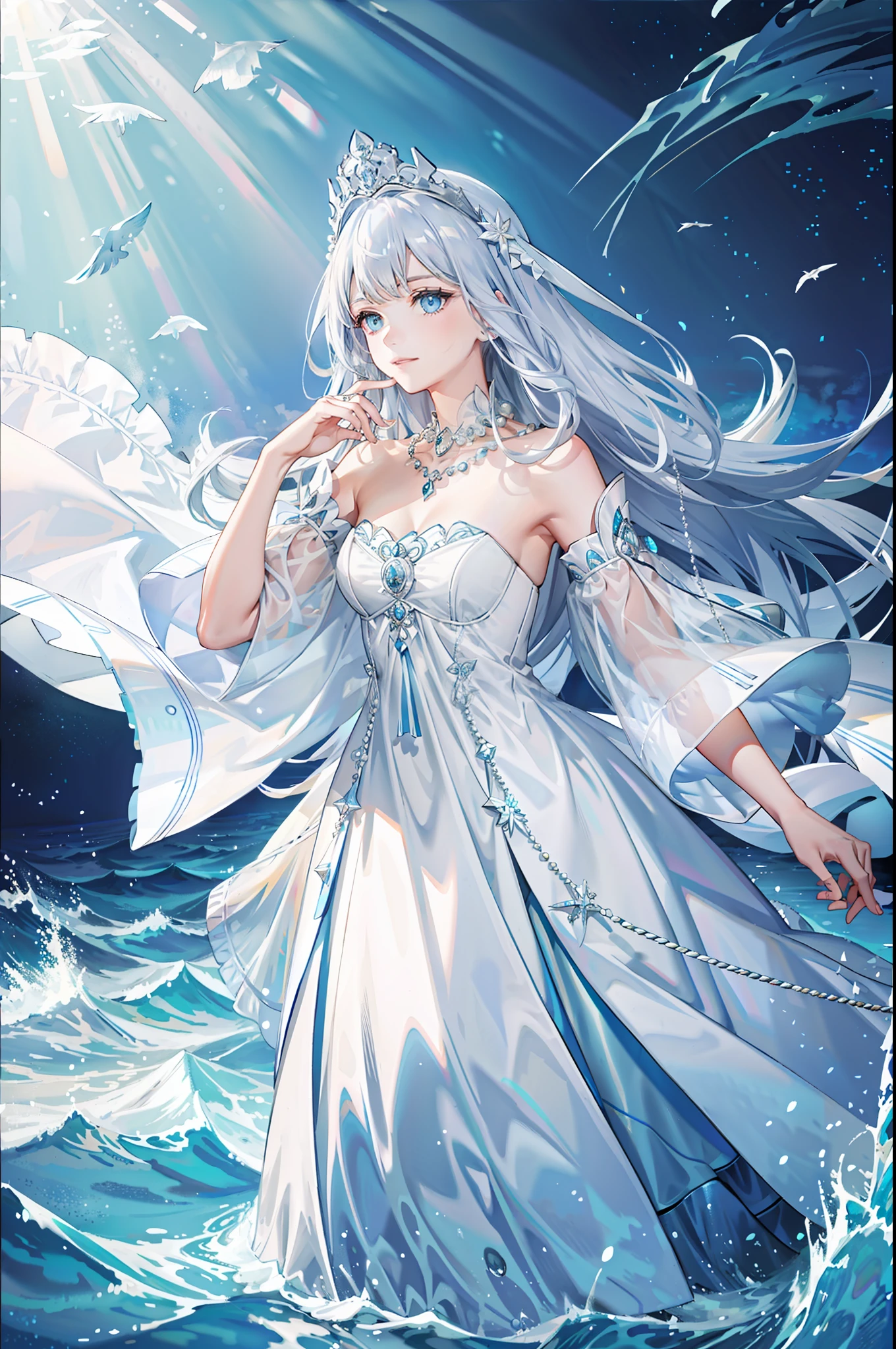 ((Best picture quality, best, girl), (dress, white crown, necklace, pearls, accessories AND intricate details strapless), (one person, ocean, waves, sea, fish, boat#on board), ((blue Color: 1.3, sea blue, long hair, blue eyes): 1.2), headgear: 1.2, neon mystery, fantasy: 0.8, [movie lens, strong light and shadow: 1.2, glow effect])]