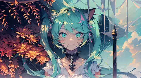 a 1girl、a masterpiece、upper body、best_quality、(gradation hair)、twintails、cat ears、(aqua eyes)、beautiful and beautiful eyes、with ...