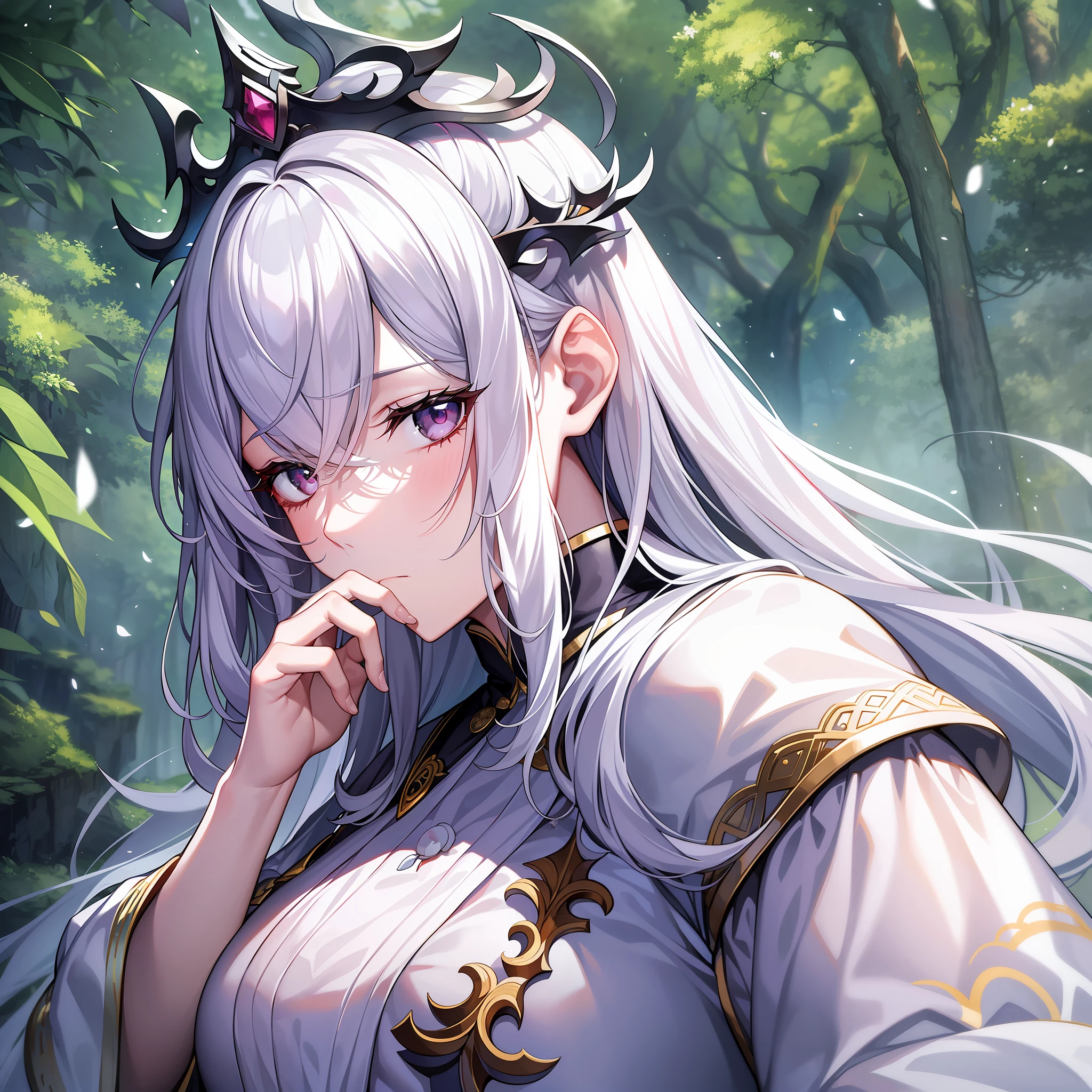 In this forest full of magic，A white-haired female emperor of the white fox tribe who is biting her finger appears in the center of the picture。

She wore a gorgeous white dress，Wear a sumptuous crown。She held a wand aloft，But he was a little upset and bit his index finger with his other hand，Frowning slightly，The gaze stared into the distance ahead。

The color tone of the whole picture is mainly white，It creates a fantastic atmosphere。The background is an exotic forest，The setting is peaceful and peaceful，But the female emperor's expression was very uneasy。

This female emperor through her expressions and body language，Exhibits a sense of self-control and anxiety。She was reluctant to let her emotions influence her demeanor and actions，But her fingers revealed her unease。She seemed to be thinking about something，But the difficulties she faced seemed to make her feel very troubled and irritated。

The whole picture conveys an atmosphere of mystery and dreaminess，It also shows the vulnerability and effort that women politicians face in such a stressful situation。The emperor makes viewers feel her loneliness as a ruler、Boring，At the same time, it also shows that she is in power at the same time，The costs and challenges involved。