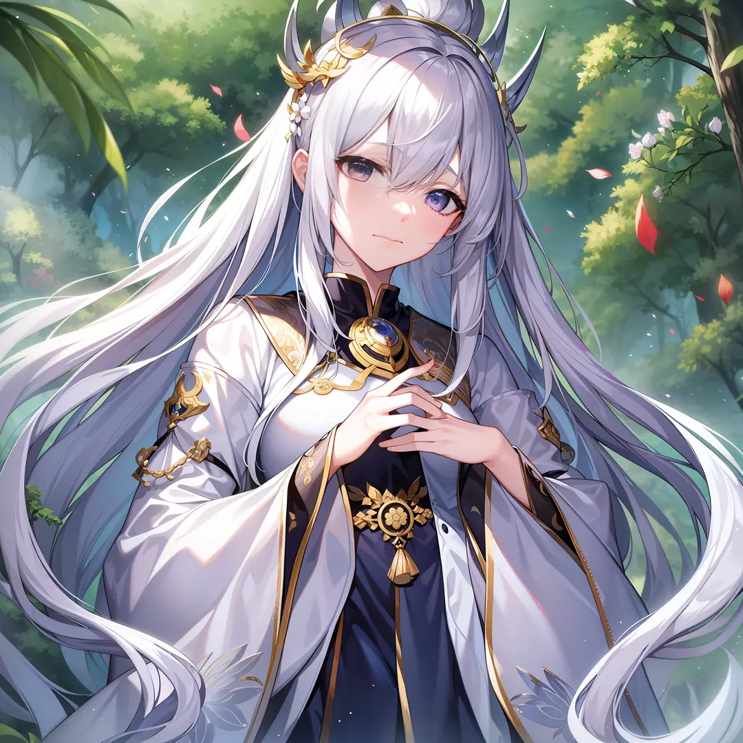 In this forest full of magic，A white-haired female emperor of the white fox tribe who is biting her finger appears in the center...