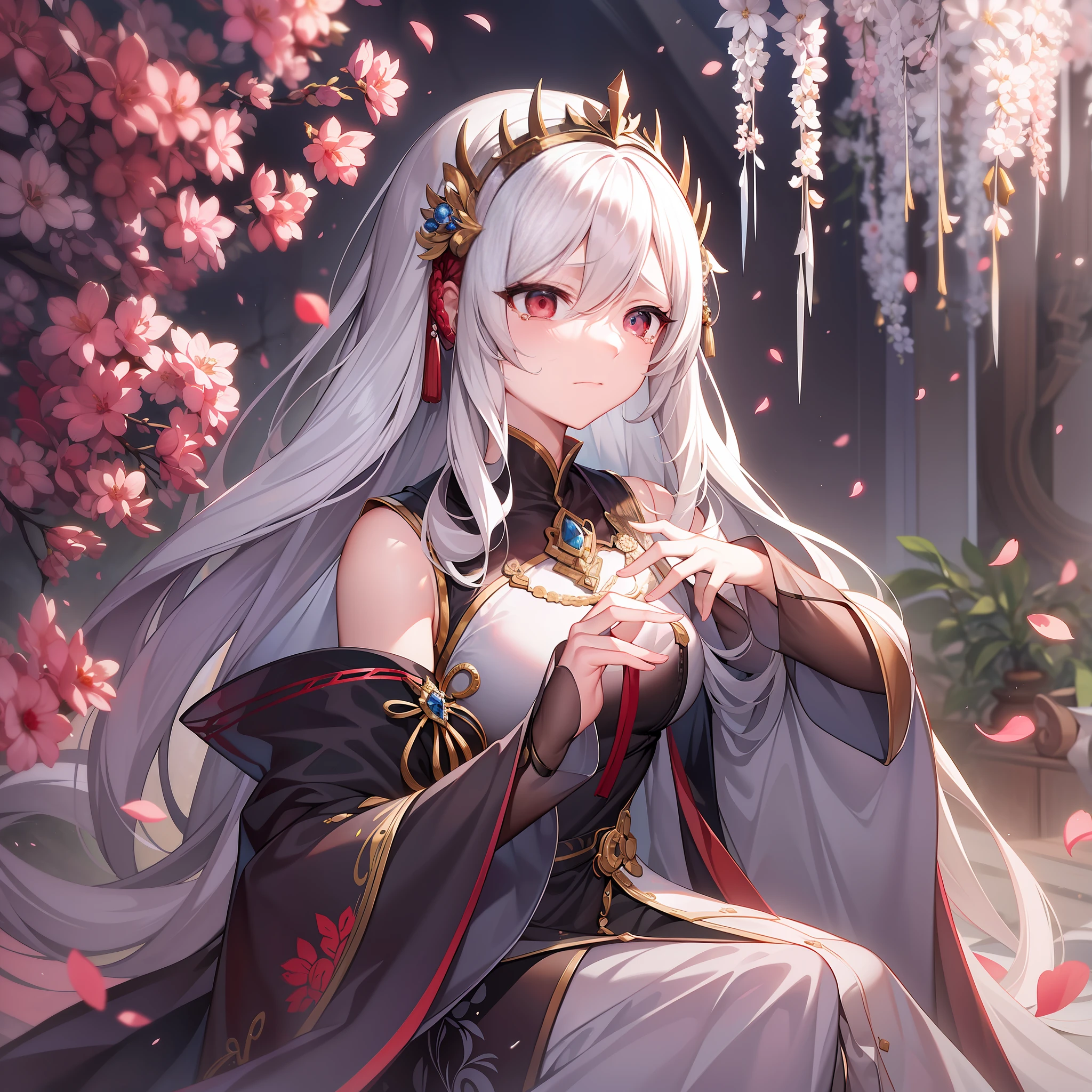 In the midst of this magnificent and ancient court，A white-haired female emperor of the white fox tribe who is wiping her tears appears in the center of the picture。

She wore a gorgeous white dress，Hair and drooping long sleeves dance softly in the wind。But her face was covered with tears，His eyes were filled with sadness and despair。She held a piece of paper in her hand，The contents of the paper made her feel endless grief。

The color tone of the whole picture is mainly white and deep red，The strong contrast creates a solemn atmosphere。In the background is a stately palace，A faint light shone through the crimson windows。

This female emperor through her expressions and body language，It shows a fragile and sad heart。She was waving the paper in her hand，Tears couldn't help themselves from slipping down。Her eyes were confused，It seems to be silently reminiscing about something，The words written on the piece of paper in front of her brought her endless pain。

The whole picture conveys a sense of heaviness、Sadness of emotion，Let the viewer feel the endless grief and helplessness that the female emperor has lost something。With the nobility shown before、The solemn image is different，This painting shows the psychological stress and tossing and turning sleep of those in power in the face of irresistible choices and failures。