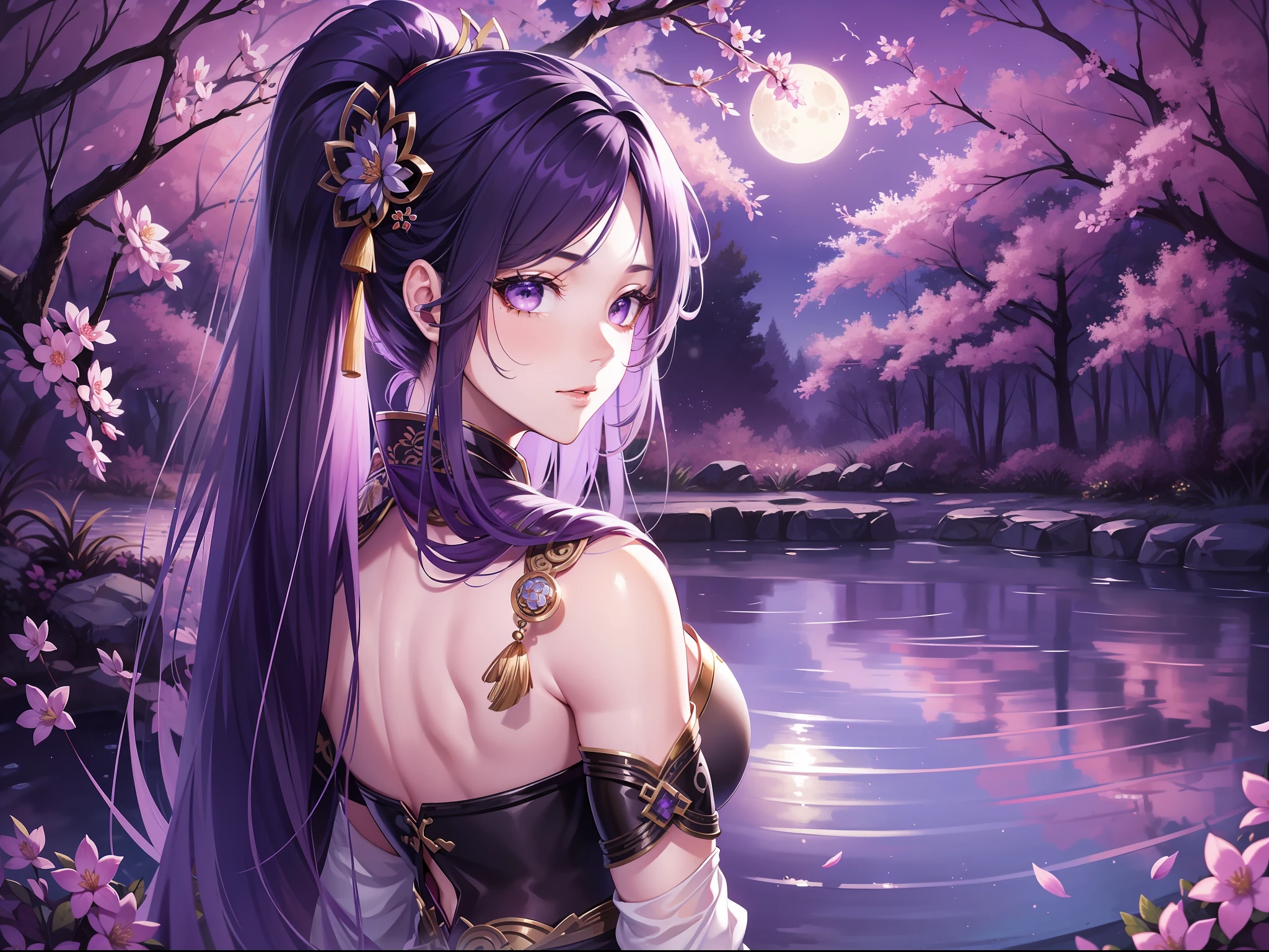 solo, beautiful female, wuxiaworld, Ancient Chinese Articles of Clothing, ancient customs, wind blow, blossom, pond, night, moon relection in the pond, blue hair, purple hair, ponytail, long hair, lonely, gradient hair, black hair, silver hair, long hair, ray tracing, reflection light, depth of field, multiple views, from behind, panorama, masterpiece, best quality, high details, high quality, ccurate, textured skin, UHD