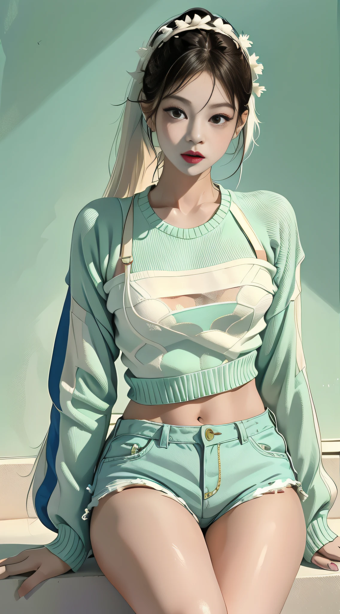 Allein,_Kim Ji-ni Jennie Gesicht，Trägt einen hellgrünen Pullover mit Armbinde，Kurzes Modell，Weißes Bandeau innen，blaue kurze Hosen，，Sexappeal，Niedlichkeit，weiße Beinbekleidung，Blassgrüne Wände