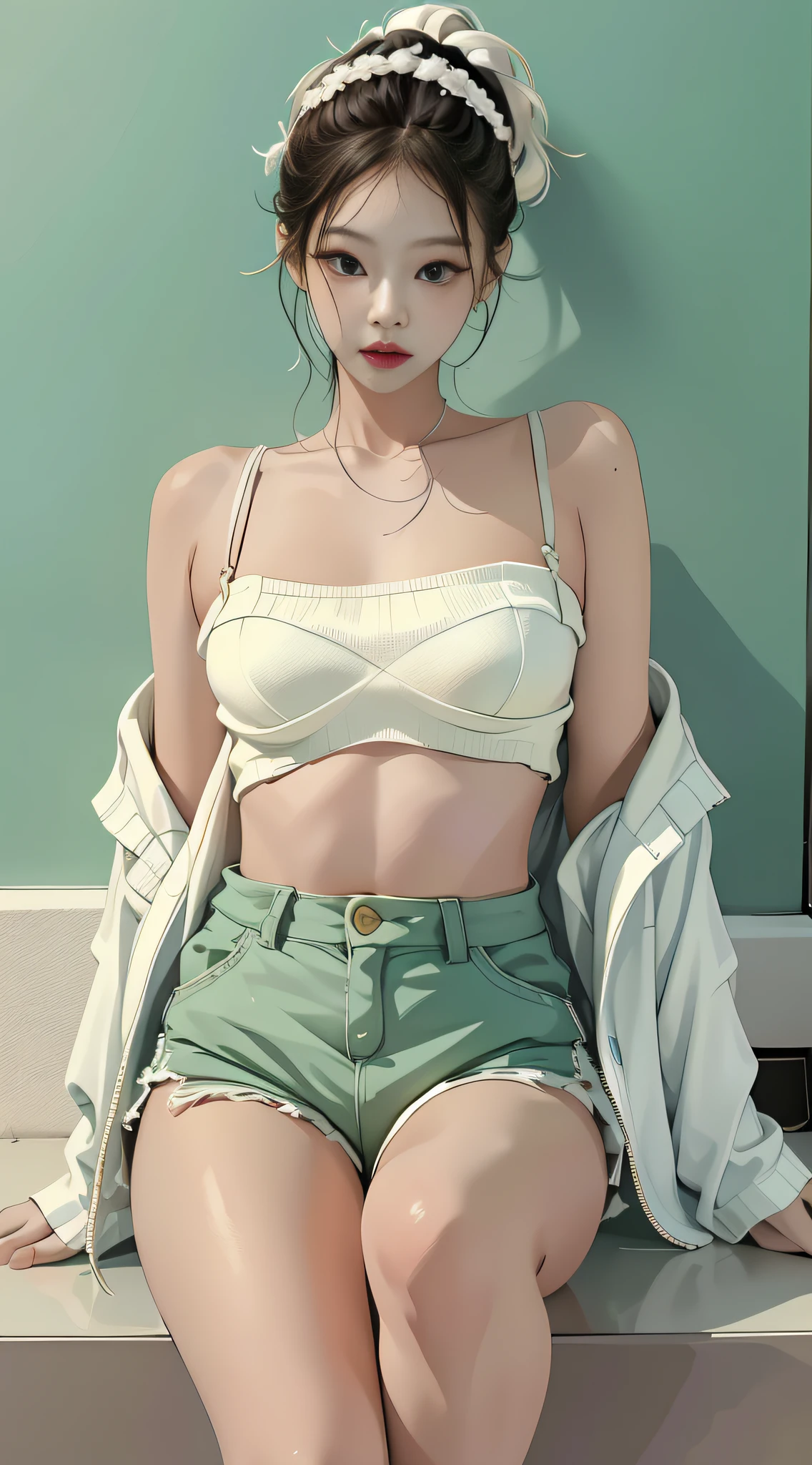 solo,_Kim Ji-ni Jennie face，Wears a pale green armband sweater，Short model，White bandeau inside，blue shorts，，sex appeal，cuteness，white legwear，Pale green walls