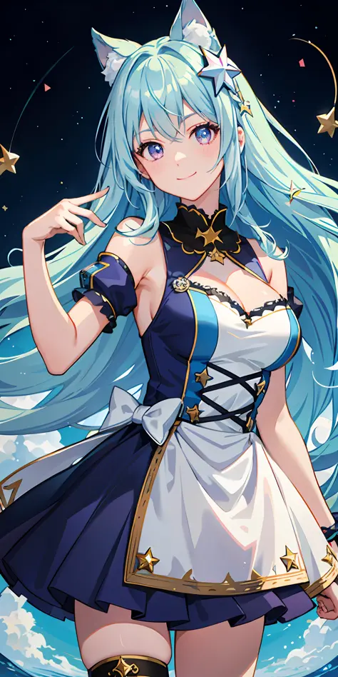 a 1girl、Bright、light blue hair、Star motif、multicoloured hair、pink eyes、Sareme、Mask on the head、Sidelight、Particles of light、wallpapers、Big Boobs、Idol、Idol costume、Loose fluffy、quiet、smile face