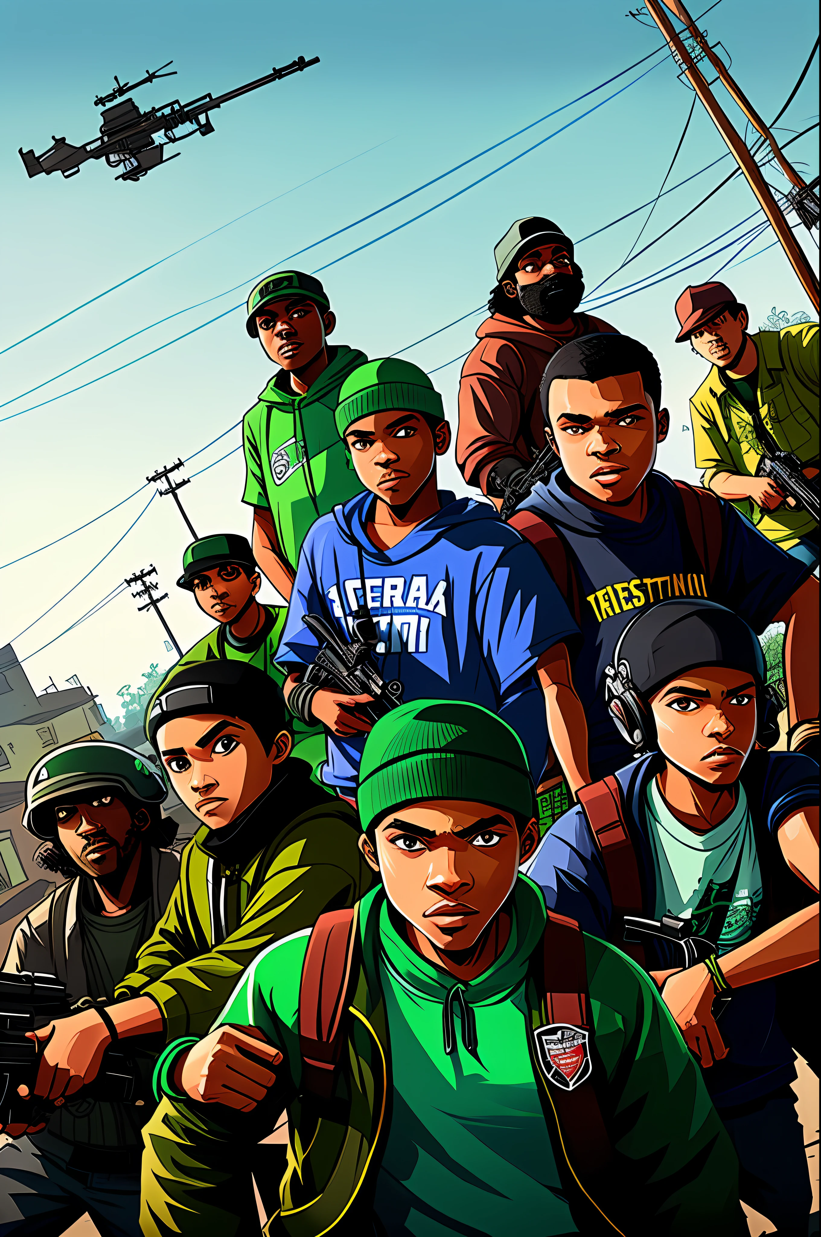 Criar uma ilustração que mostre um membro de Grove Street Families, a gangue protagonista do jogo, em uma batalha de tiroteio contra membros de gangues rivais, em um beco escuro e sombrio.