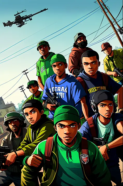 Create an illustration that shows a member of Grove Street Families, a gangue protagonista do jogo, em uma batalha de tiroteio contra membros de gangues rivais, em um beco escuro e sombrio.
