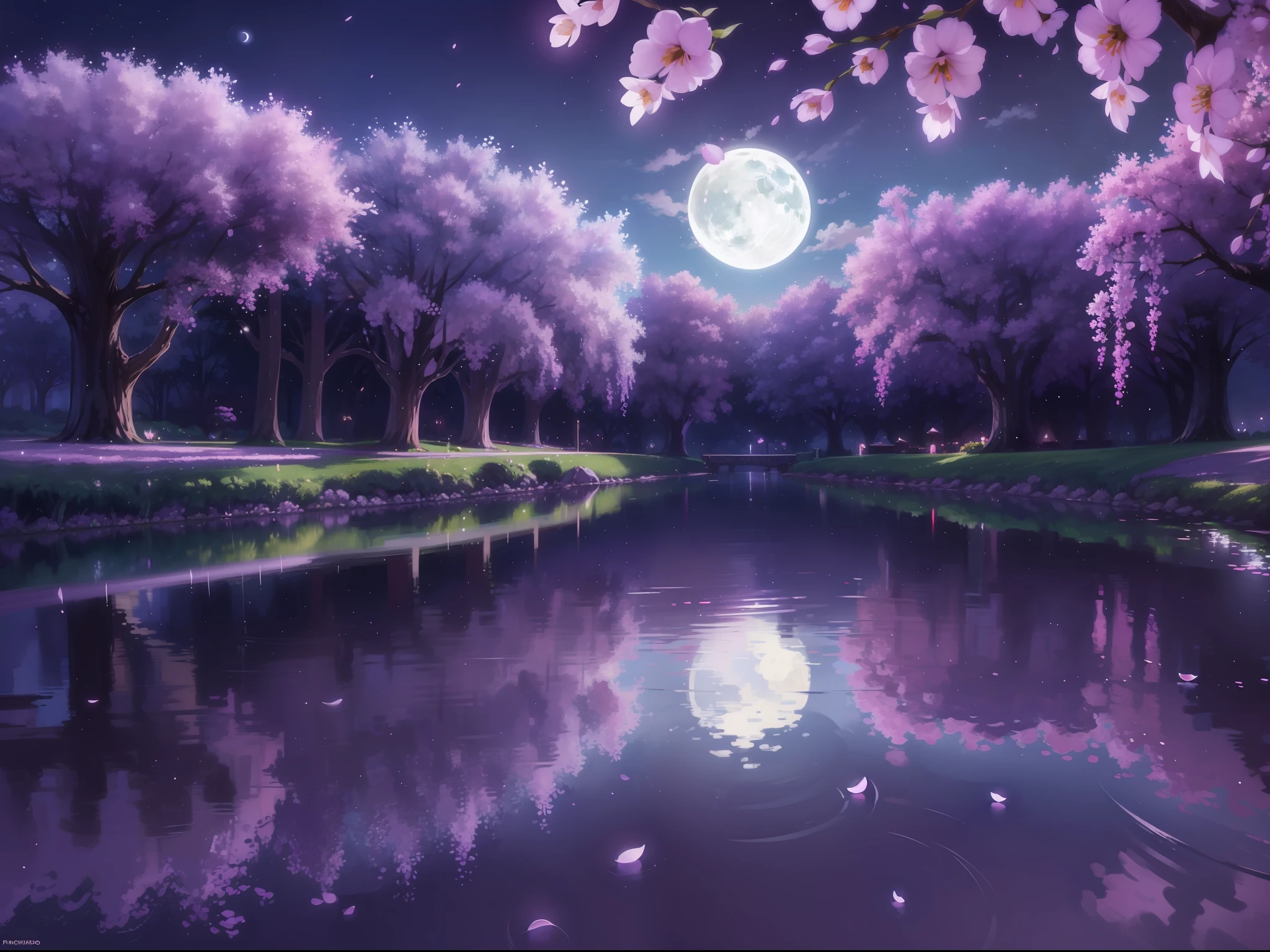 背景, CG, プノン, 夜, 月, 藤, 桜の花, 片側は空、もう一方は池, パノラマ, レイトレーシング, 反射光, 正反対, 8k, 傑作, 最高品質, 高品質, 細部までこだわった, 超詳細, 高解像度, 超高解像度