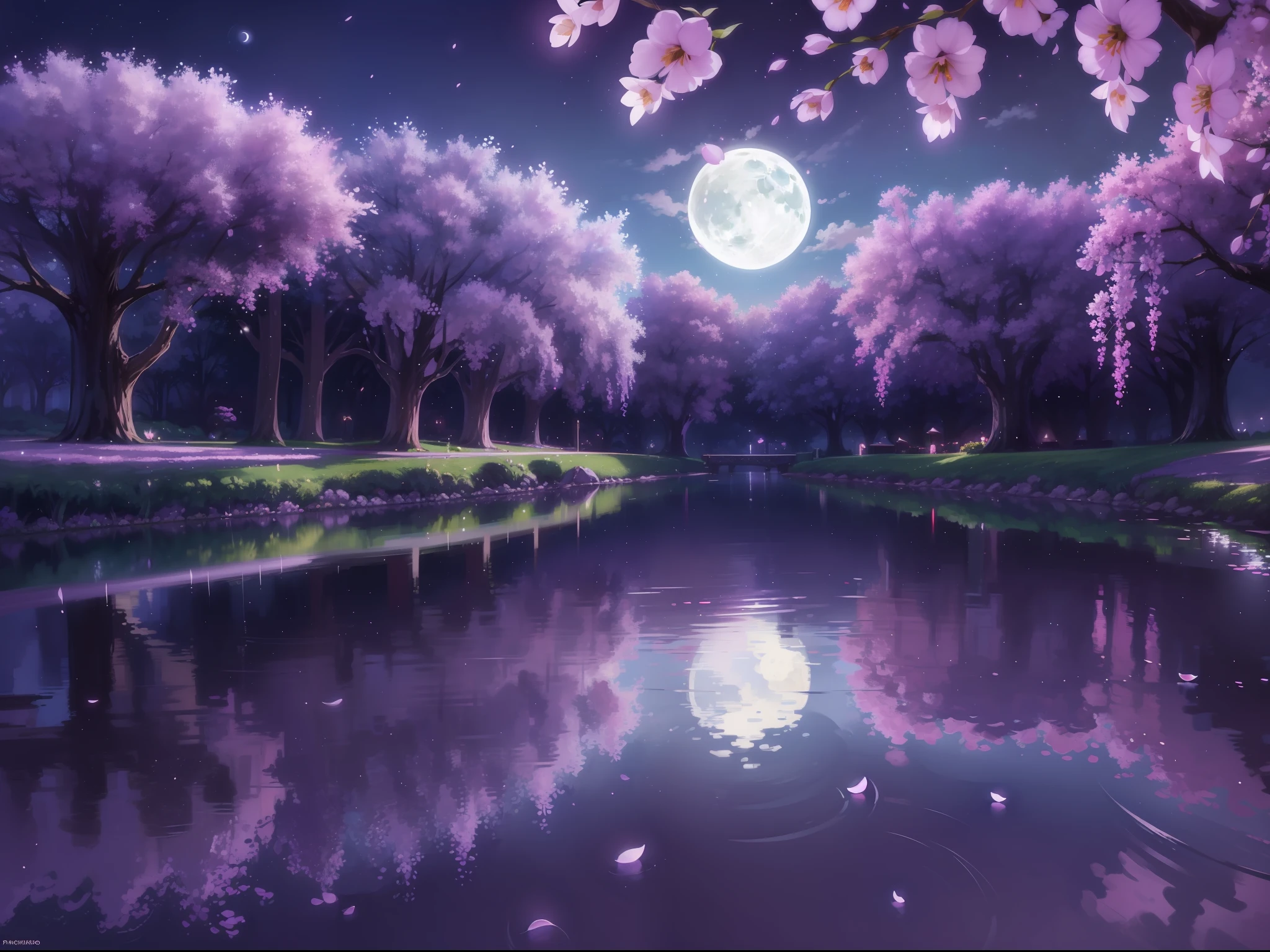 backround, CG, pnon, night, moon, wisteria, cheery blossom, one side is sky and the other is pond, panorama, ray tracing, reflection light, polar opposites, 8K, masterpiece, best quality, high quality, high details, super detail, highres, UHD