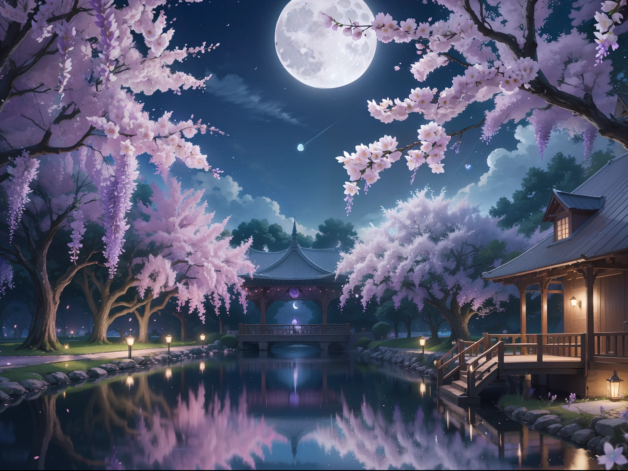 backround, CG, pnon, night, moon, wisteria, cheery blossom, one side is sky and the other is pond, panorama, ray tracing, reflection light, polar opposites, 8K, masterpiece, best quality, high quality, high details, super detail, highres, UHD