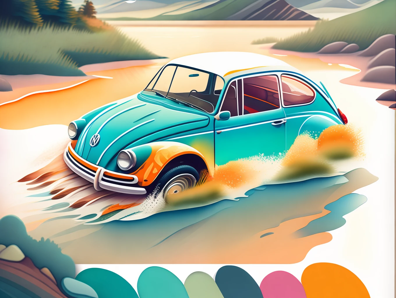 山を背景に砂漠を走る車の絵 - SeaArt AI