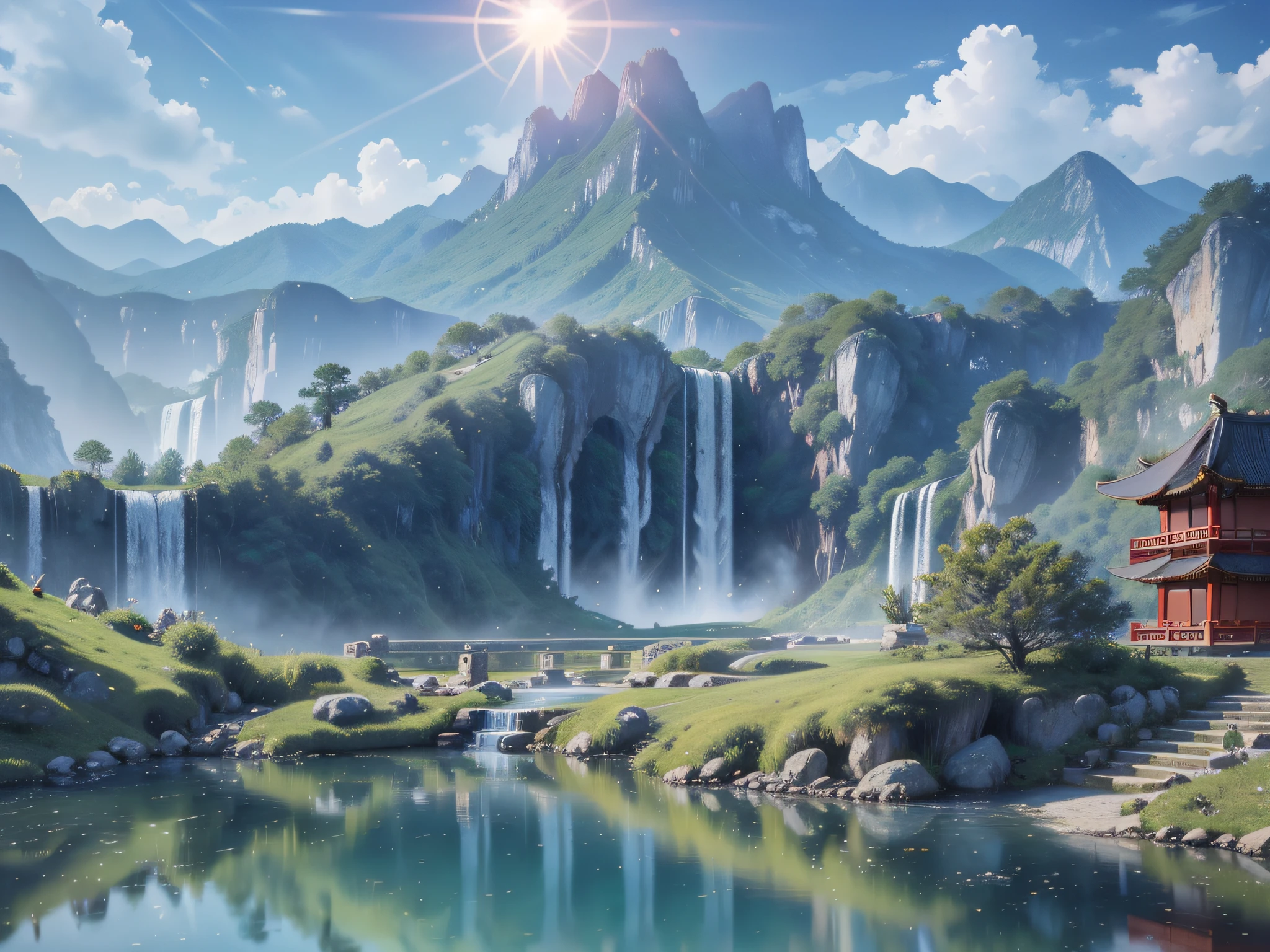 backround, CG, wuxiaworld, chinese old buliding, pond - SeaArt AI