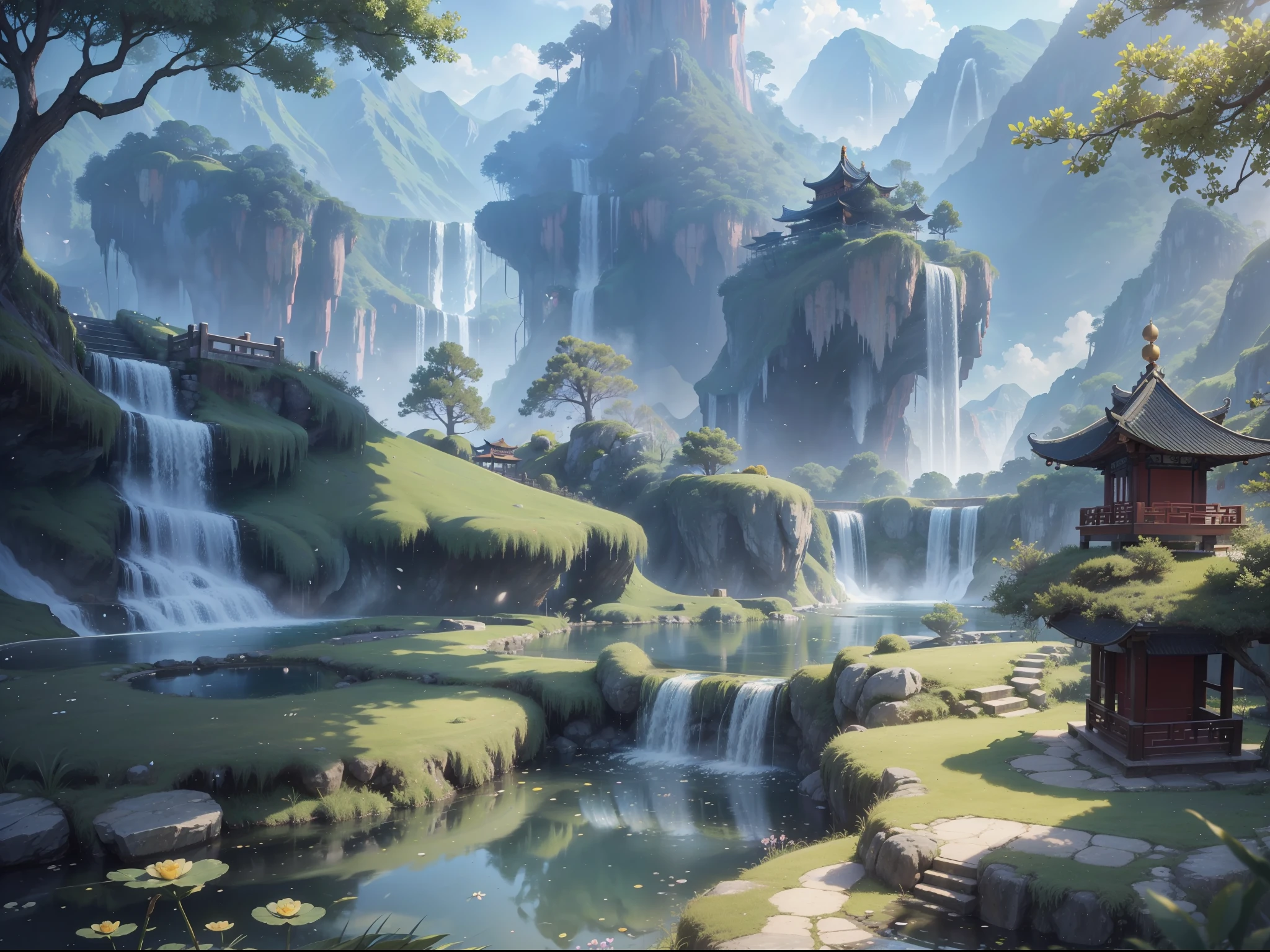 backround, CG, wuxiaworld, chinese old buliding, pond, waterfall come from the mountain top, panorama, ray tracing, reflection light, polar opposites, 8K, masterpiece, best quality, high quality, high details, super detail, highres, UHD