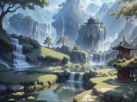 backround, CG, wuxiaworld, chinese old buliding, pond, waterfall come from the mountain top, panorama, ray tracing, reflection l...