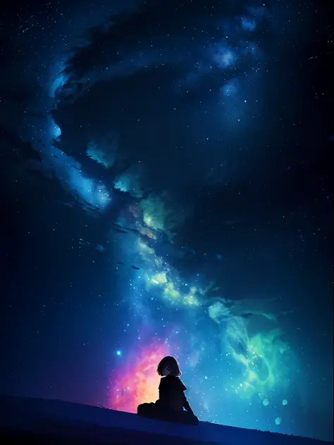 Girl, cloud, colorful, cool, masterpiece, sit, from side, (sideways), smile, starry, stars
