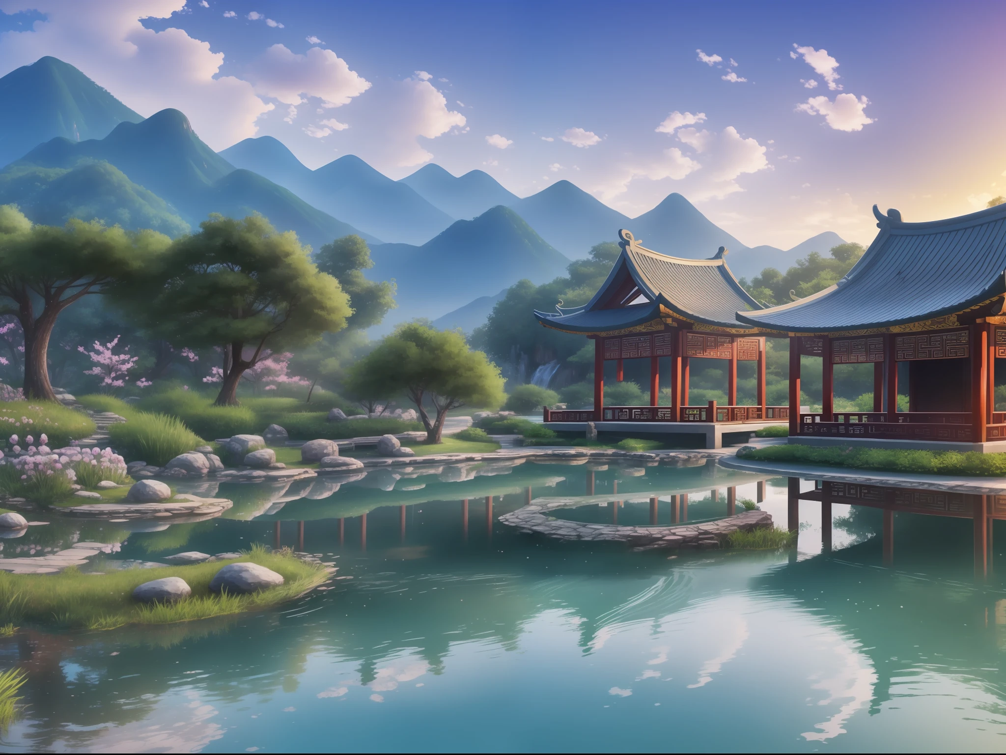 arrière-plan, cg, monde wuxia, vieux bâtiment chinois, étang, la cascade vient du sommet de la montagne, panorama, tracé laser, réflexion de la lumière, Opposés polaires, 8k, chef-d&#39;œuvre, meilleure qualité, haute qualité, détails élevés, super détail, haute résolution, UHD