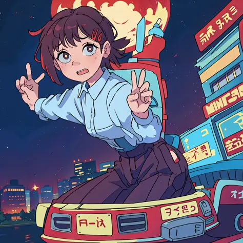 only one girl, 1girl, nervous, hairpin, short hair, peace sign, city background, night, looking at the camera