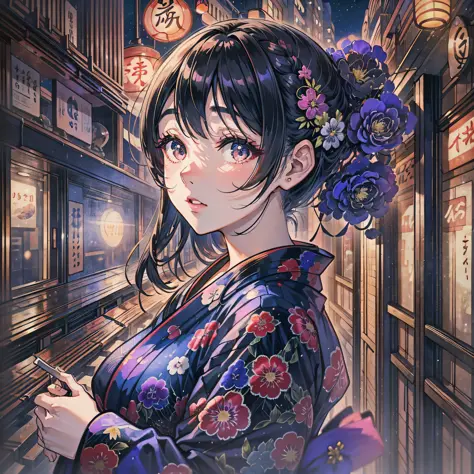 Japan yukata、Woman in her 20s with a very beautiful face、Modern Hair Arrangement、Black eyes、Beautiful night sky、upper Body、8k、Very vivid colors、8k、Dynamic Wallpapers、Dynamic angle、Very delicate and dense --auto --s2