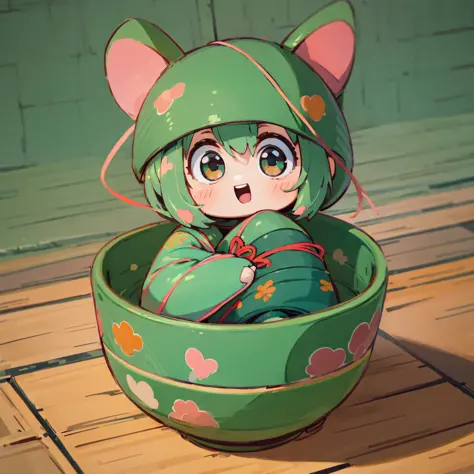 (a small doll with a green triangular hat), (sitting inside a large bowl), cute 3 d render, cute detailed digital art, cute digi...