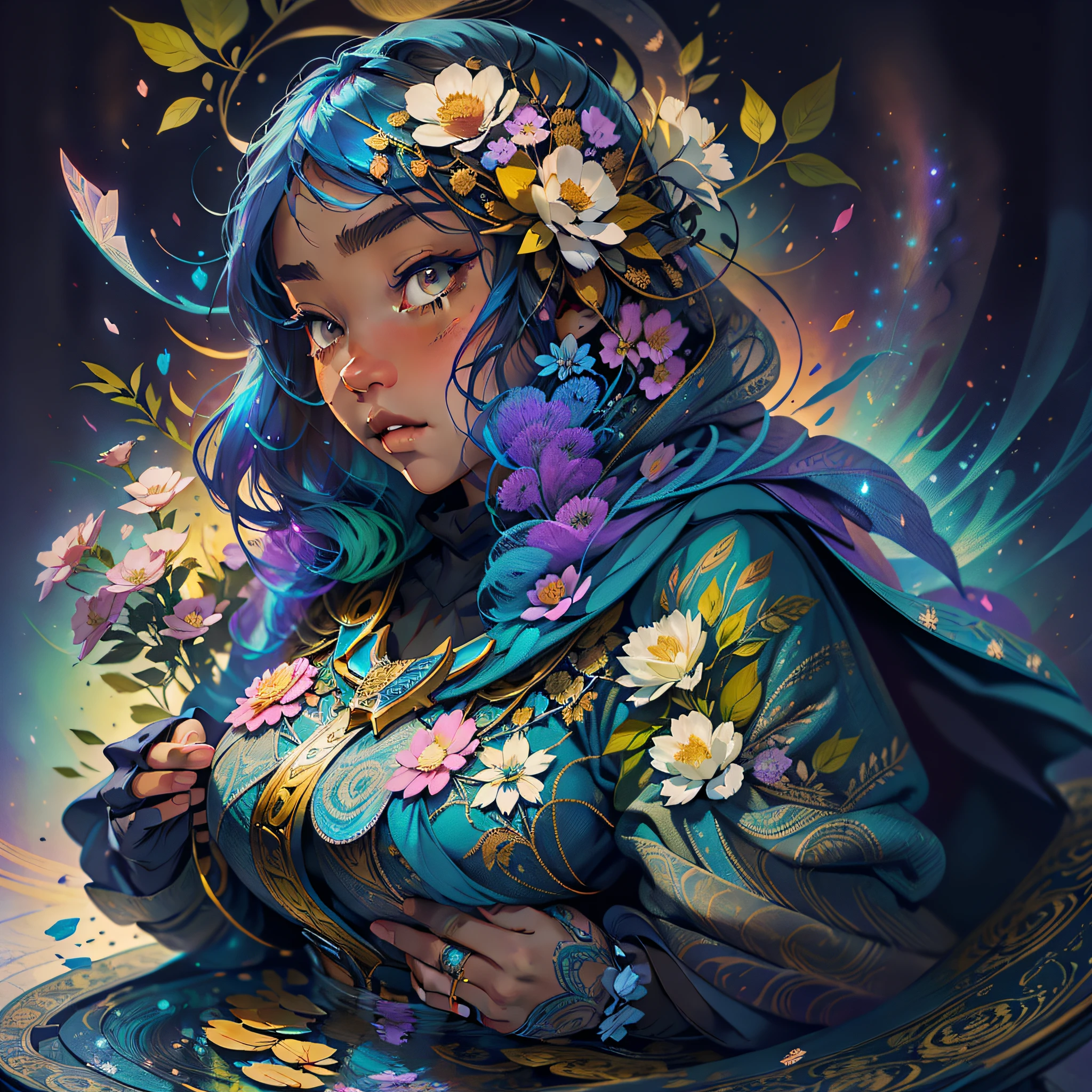 The first illustration depicts a woman with gray eyes and blindfolded, shrouded in a cloak of mystery and melancholy. Seu rosto expressa uma calma serena, while her delicate fingers touch an intricate pattern of patte-hued flower petals. These petals, que flutuam em torno dela, are bathed in a shimmering blue, conveying a sense of magic and enchantment. This image evokes a deep sense of self-discovery and connection to the inner world.