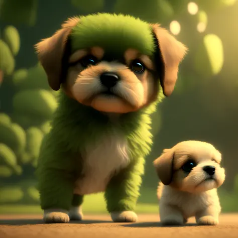 Baby shitzu dog, cachorro tem cor marrom com parte brancas, pelo longo, olhos verdes claros, efeito pixart, cinema, 8k