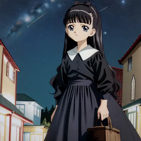 obra prima, altas, daidouji_tomoyo, fora, roupas casuais, starry sky, noite, bela cena, corar, black hair