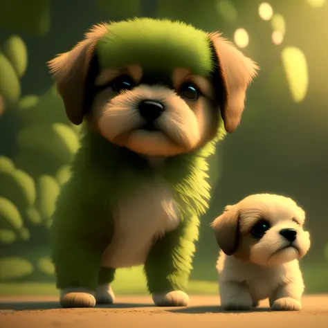 baby shitzu dog, cachorro tem cor marrom com parte brancas, pelo longo, olhos verdes claros, efeito pixart, cinema, 8k