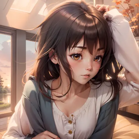 ((Makoto Shinkai anime style,Ultra High Res,cuteness,long hair)),High Quality,soft,Beautiful picture,(1 girl one girl)，Pond,willow tree,Sunset,the stars,mist,glint,(night wear:1 girl.1 girl+Night clothing),(Floor:1 girl.2 Maidens+windowss),Pair it with red...
