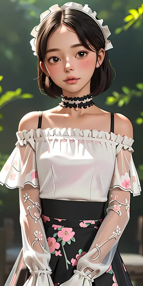 (best quality, masterpiece), 1girl, intricate details, off shoulder, skirt, choker, frills, see-through, looking at viewer, blush, upper body, blurry background, floral print, contrapposto