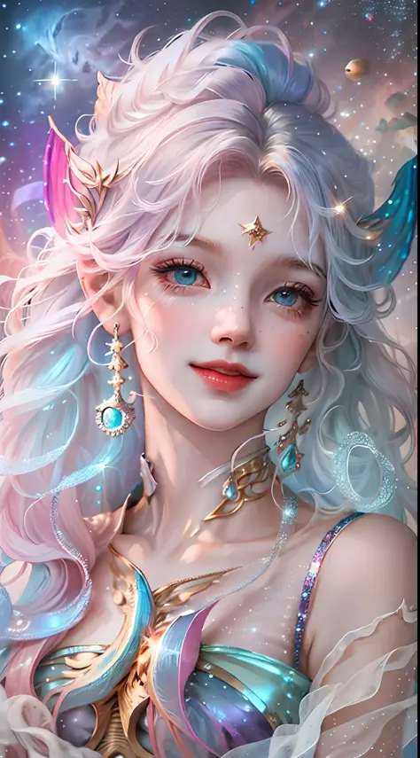 realistness，Wonders of the deep sea，The movie character Mermaid is scaled by rainbow-colored fish，Glittering，Starry Sky，space，The universe，Vast stars，The ears are slender and delicate，Colorful bubbles，Structured，Full of special effects，Distinctive features...
