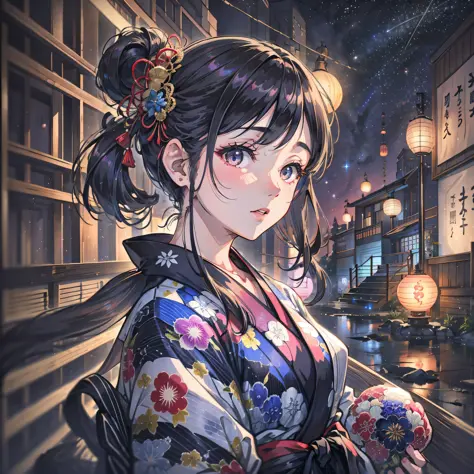 Japan yukata、Woman in her 20s with a very beautiful face、Modern Hair Arrangement、Black eyes、Beautiful night sky、upper Body、8K、Very vivid colors、8ｋ、Dynamic Wallpapers、Dynamic angle、Very delicate and dense 、High-quality photos