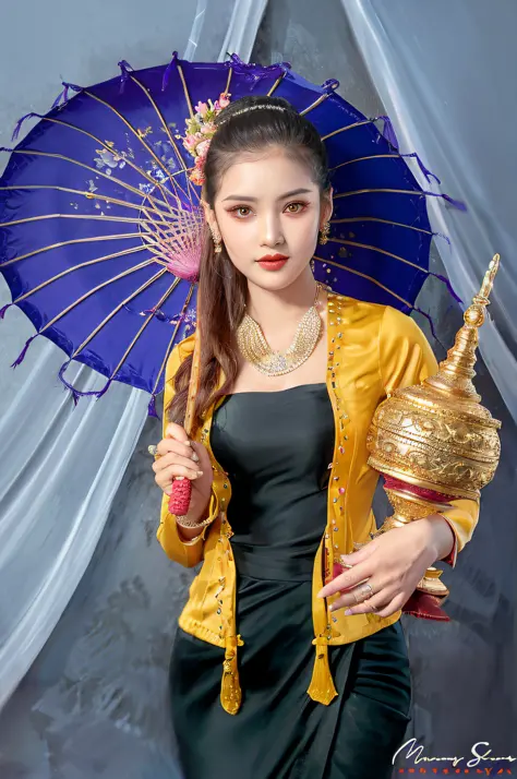 arafed woman in a black dress holding a purple umbrella, sukhothai costume, traditional beauty, south east asian with long, beautiful oriental woman, in style of thawan duchanee, traditional photography, modeling photography, nivanh chanthara, fashion mode...