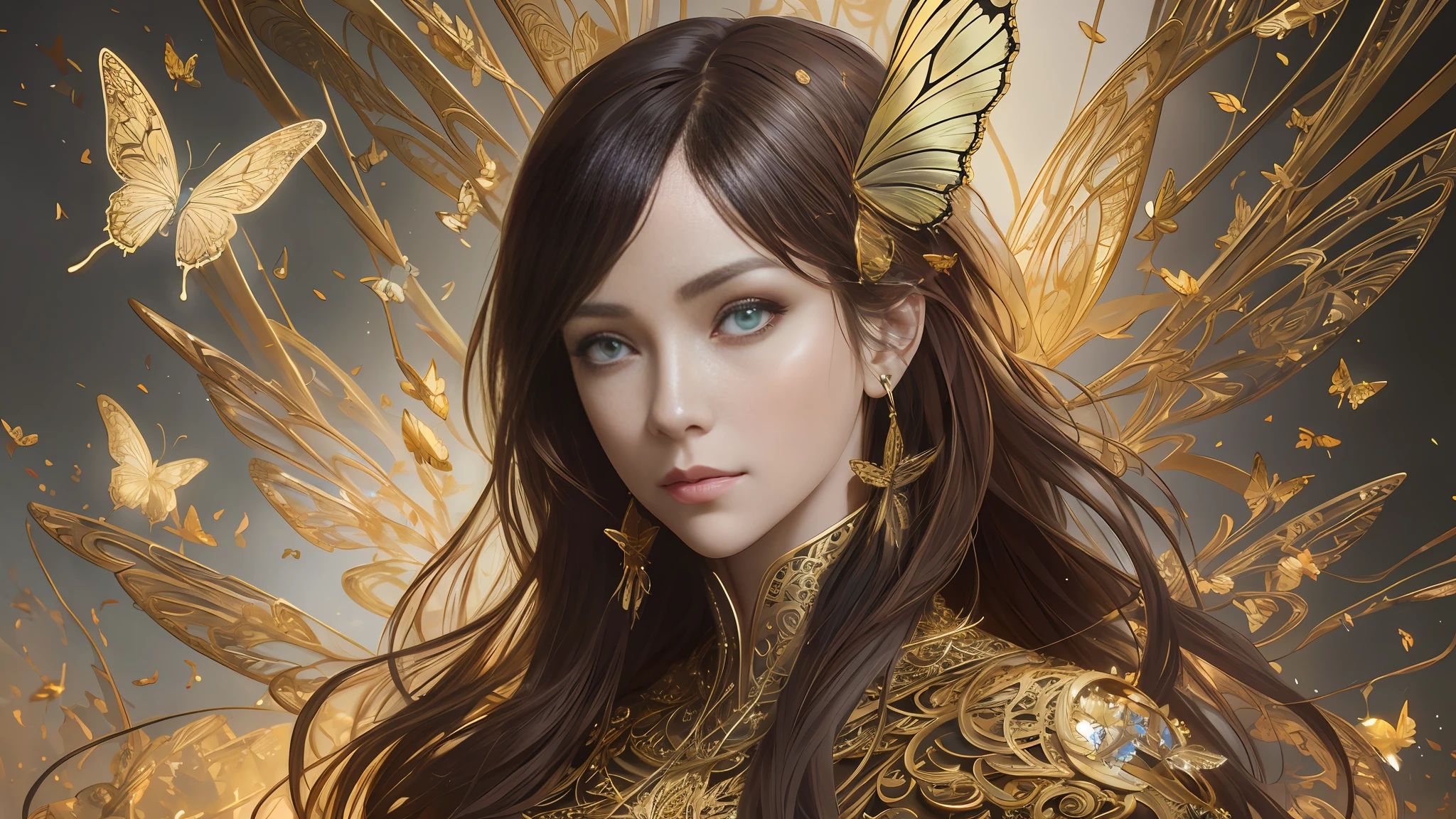 8k portrait of beautiful cyborg with brown hair, intricate, elegant, highly detailed, majestic, digital photography, art by artgerm and ruan jia and greg rutkowski surreal painting gold butterfly filigree, broken glass, (masterpiece, sidelighting, finely detailed beautiful eyes: 1.2), hdr