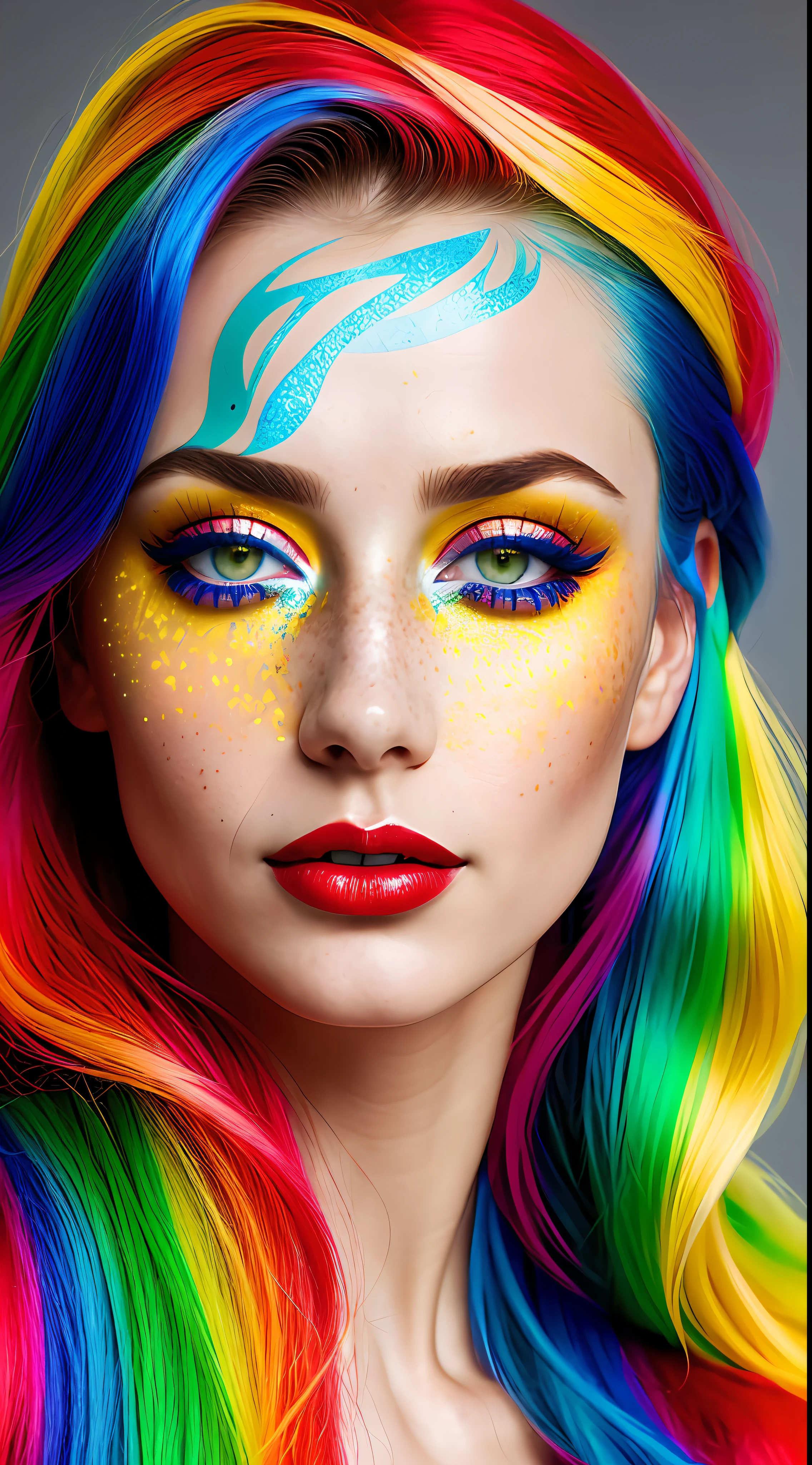 A woman with colorful hair and makeup is posing for a picture - SeaArt AI