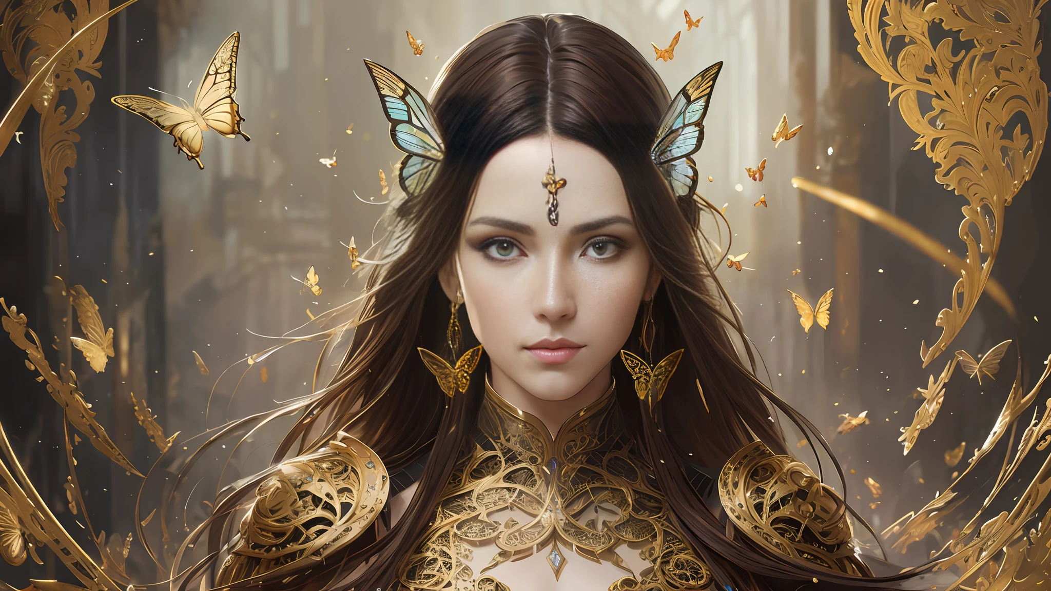 8k portrait of beautiful cyborg with brown hair, intricate, elegant, highly detailed, majestic, digital photography, art by artgerm and ruan jia and greg rutkowski surreal painting gold butterfly filigree, broken glass, (masterpiece, sidelighting, finely detailed beautiful eyes: 1.2), hdr