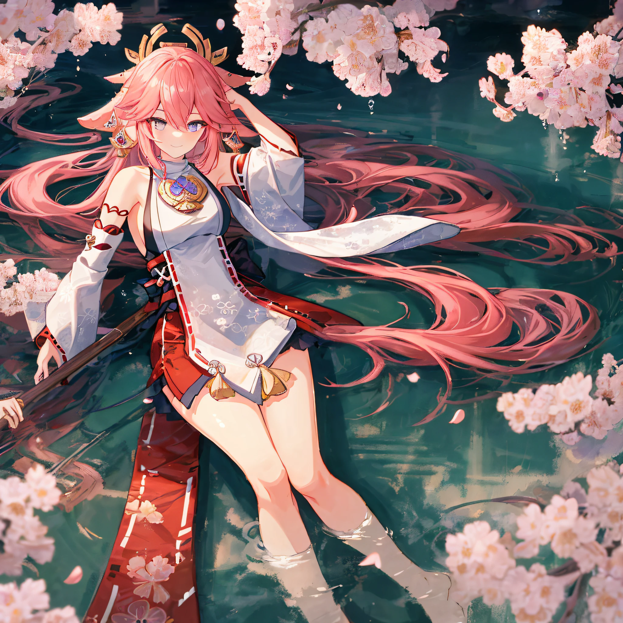 （A Masterpiece，High Quality），4k、HIGH LEVEL OF DETAIL，Japanese-style painting，1 girl Girl，Kemono，off the shoulder，Perfect for highlighting thighs and cleavage，hair accessory，Yae Miko style，clavicle，Long hair shawl，Long soft pink hair，Lateral breast，Lie still on the surface of the water，Cherry blossoms fall，smiled，Hair is scattered，Reflective water surface，Shoot from above，panoramic views，lying flat，barefeet，maximum quality，Bestquality，illustartion，Hyperdetailed，of the best quality，highest detail