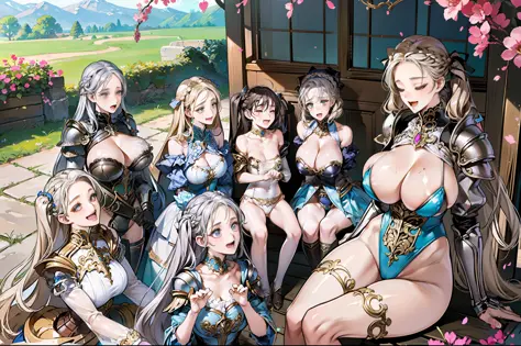 (masterpiece), maximum quality, (fantasy:1.1), (5 girls, group shot:1.4), (slim body:1.1), (huge tits:1.5), (dark skin:1.1), (muscles:1.1), blonde hair, silver hair, twin tails, braid, forehead, (open mouth, happy smile:1.1), (wink:1.2), peace sign, (jewel...