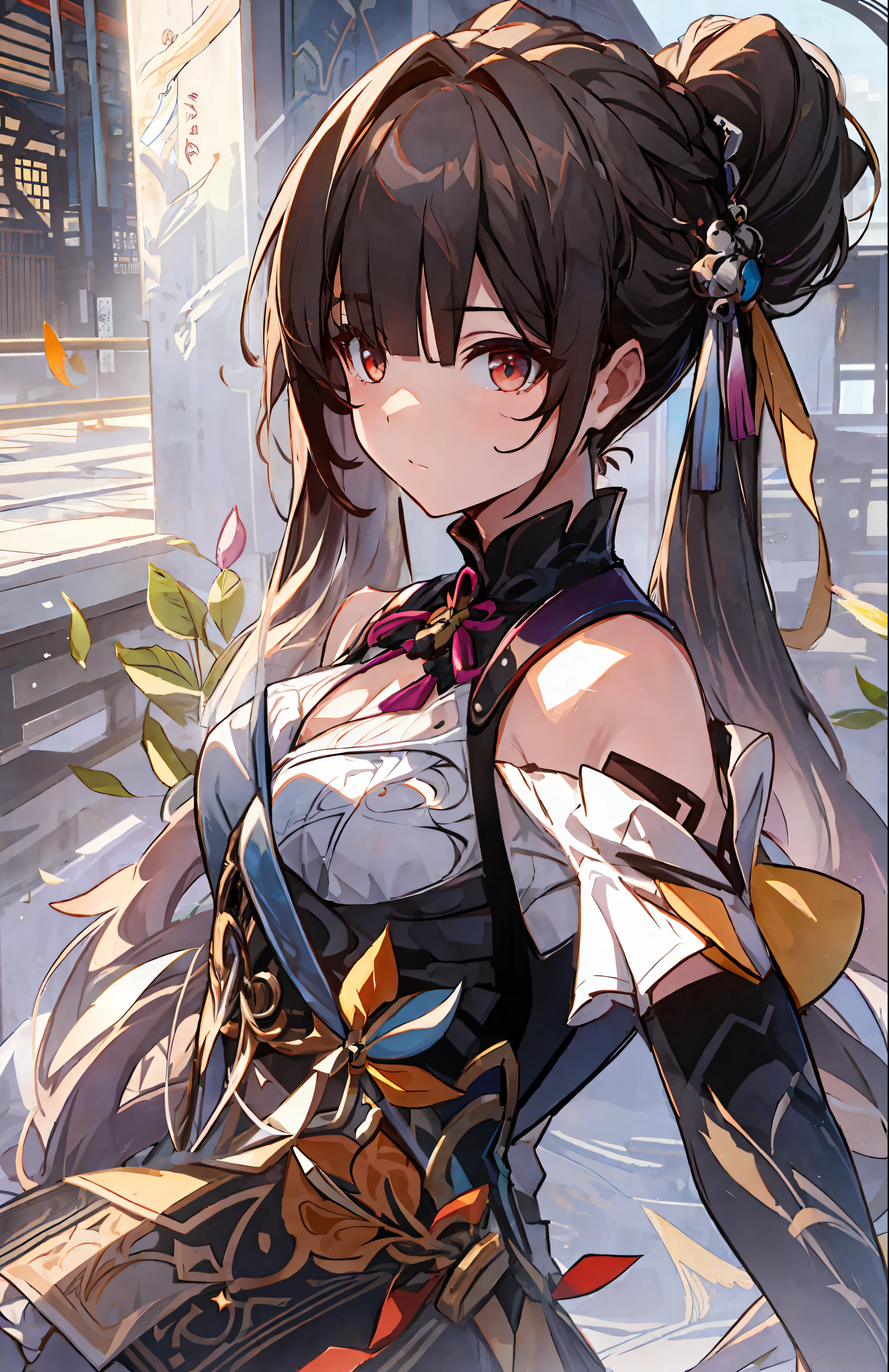 A Masterpiece, BEST QUALITY, Sushan V4, a 1girl, one person, long hair, s chest,, small  breasts, hair ornamen, Short sleeve, Dresses, cleavage,, Bare Shoulders, pigtail, china clothes