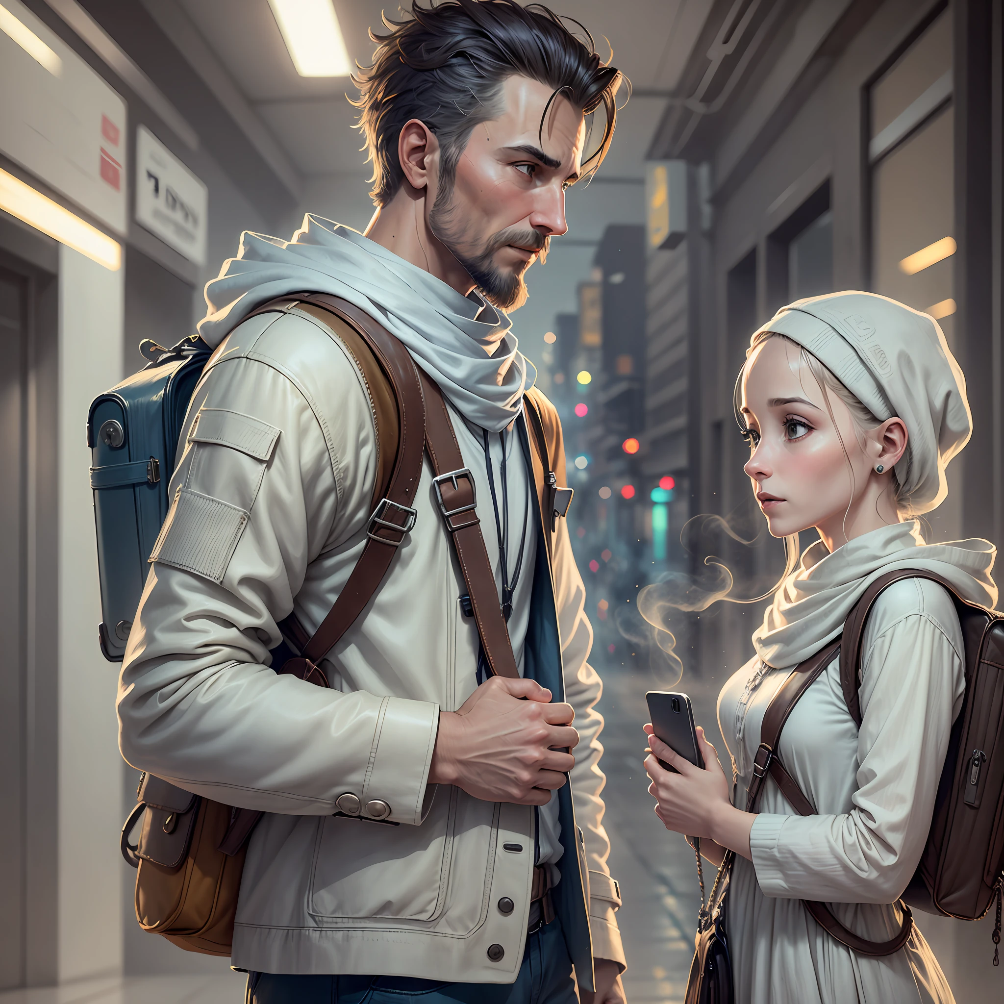 imagen realista del hombre blanco, 30 años con mochila; está hablando con una mujer con maleta en mano.; hablar es cara a cara. --auto --s2