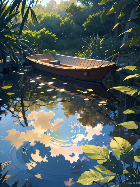 Wallpaper, summer pond, pond, boat, afternoon sun, reeds, pond background, depth of field, hot weather, HD detail, wet watermark, hyperdetail, cinematic, surrealism, soft light, deep field focus bokeh, ray tracing, diffuse (ultra-fine glass reflection) and...