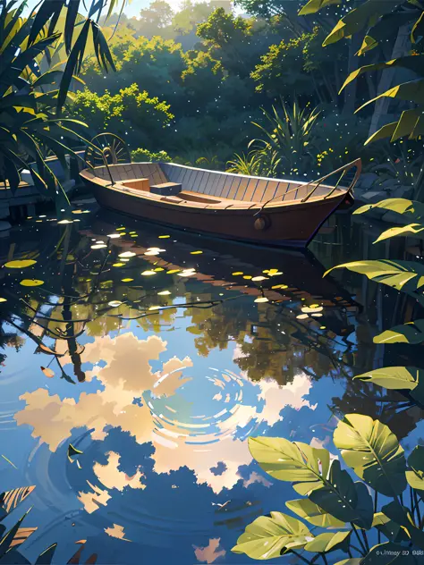 Wallpaper, summer pond, pond, boat, afternoon sun, reeds, pond background, depth of field, hot weather, HD detail, wet watermark, hyperdetail, cinematic, surrealism, soft light, deep field focus bokeh, ray tracing, diffuse (ultra-fine glass reflection) and...