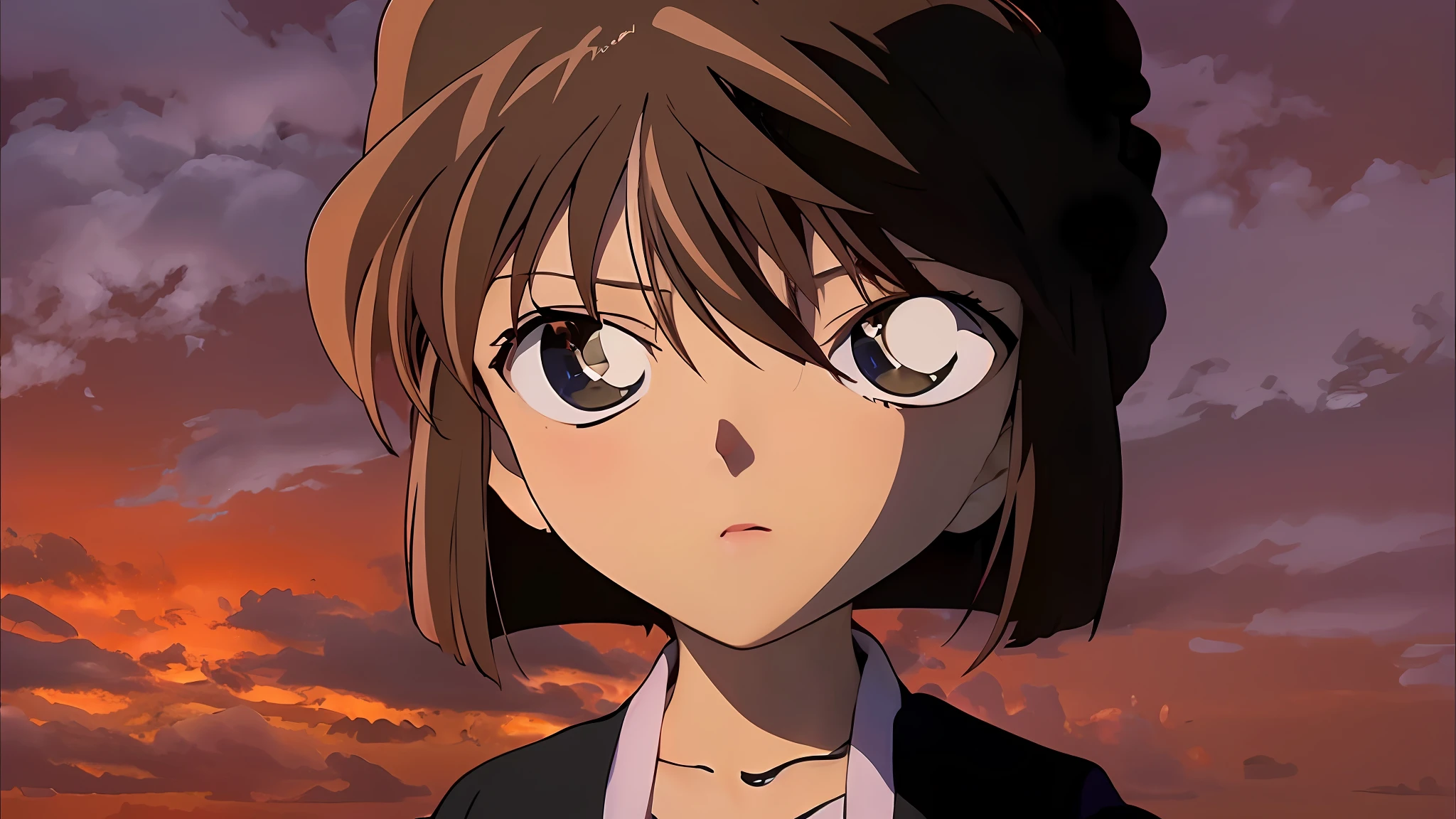 (Extreme detail CG ， 8K wallpaper，A Masterpiece，Highest picture quality)， Japan girls，（Anime character Haibara mourning）， HD avatar，Brownish-red hair，with short hair，The background is a Japanese street scene，cherry blossoms，Detailed eyes，(Excellent rendering)，（Detective Conan），（Bright eyes，Sun-kissed skin），Dynamic composition，Primetime lights，Rich colors，Fine details，a hyper realistic，50mm lens，relaxed atmosphere，35mm film，highdetail，realistness，Improves facial skin tone，