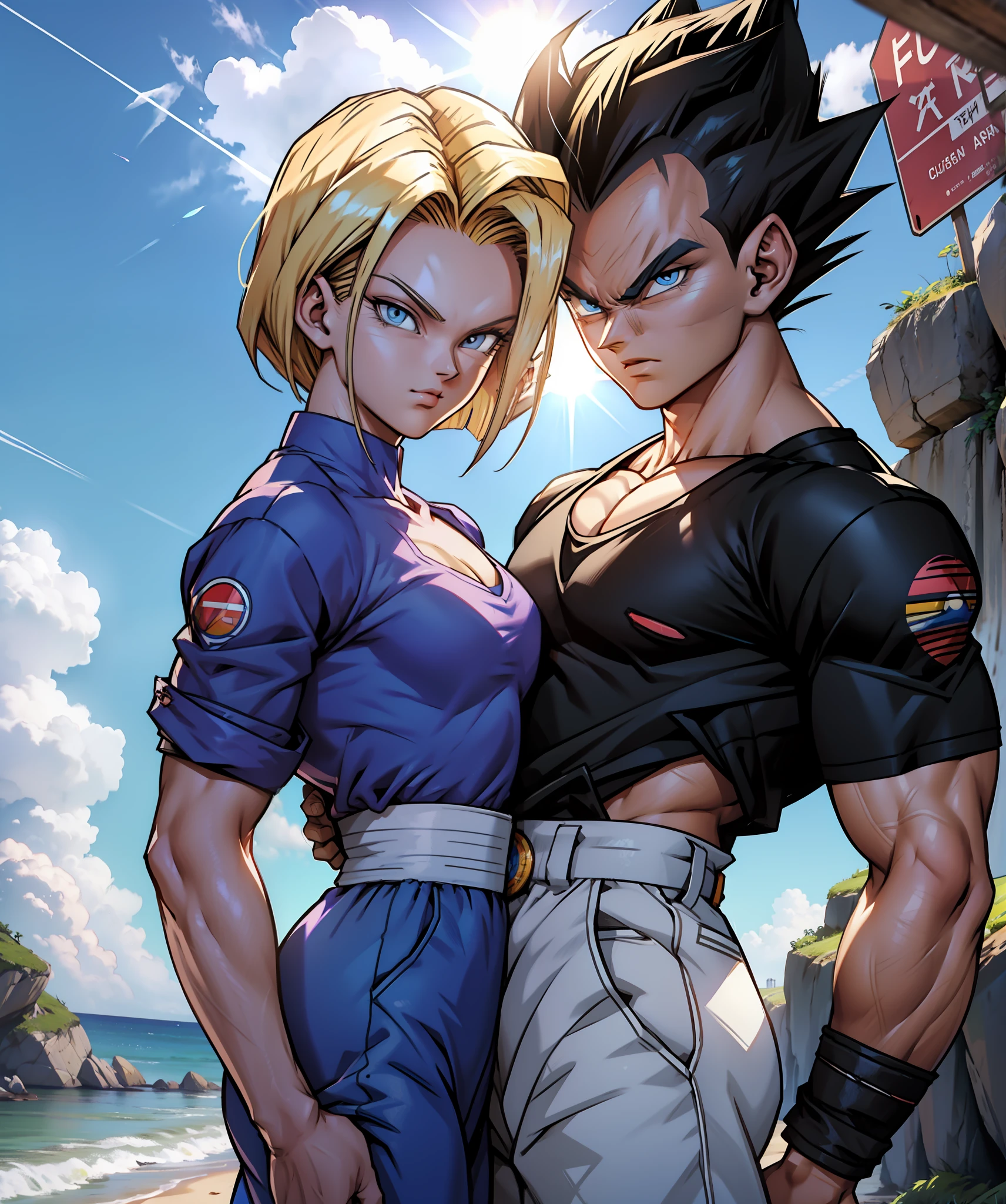 Couple, ((android 18)), ((vegeta)), leaning like a piscis board, merging with leaves, in love, waterfall blue palette, rainy afternoon. Illuminated by natural sunlight. digitl art, 3d, Raytraicing realista, cinematic lighti, industrial lights, Beach clothes