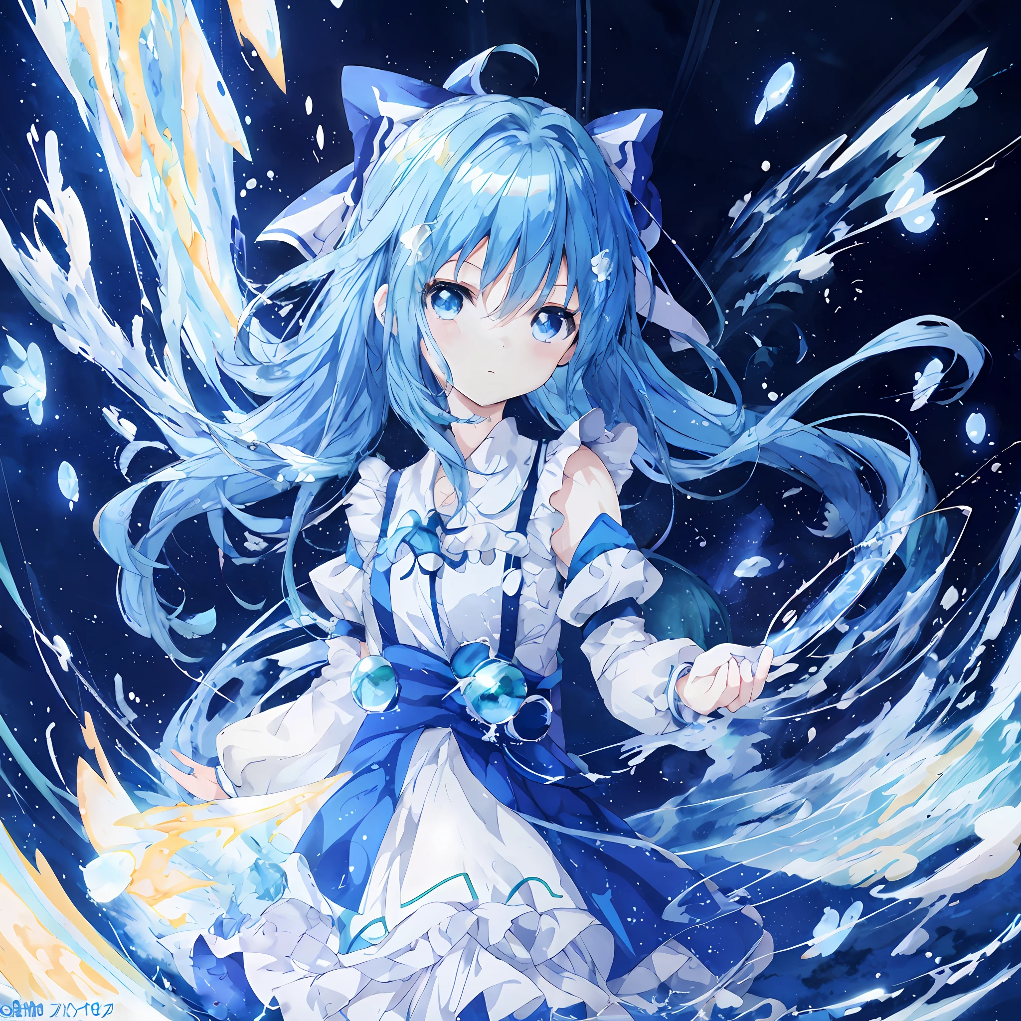 anime girl with blue hair and white dress in a swirling swirl, wallpaper anime blue water, splash art anime loli, an anime portrait of cirno, cirno, rem rezero, anime style 4 k, anime moe artstyle, water element, digital art on pixiv, cirno touhou, cirno from touhou, water color nendoroid