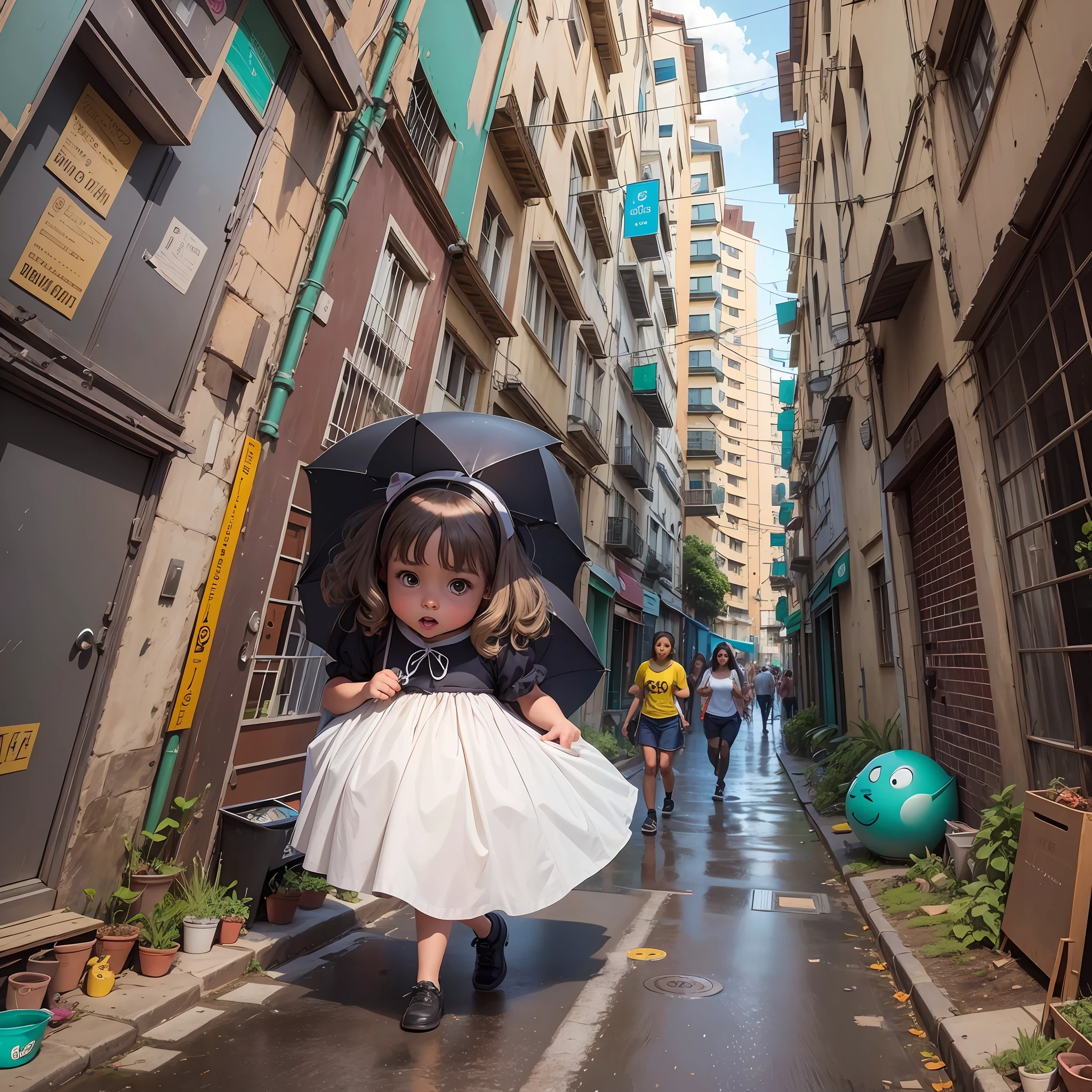 There is a little girl walking down a narrow alley with an umbrella -  SeaArt AI