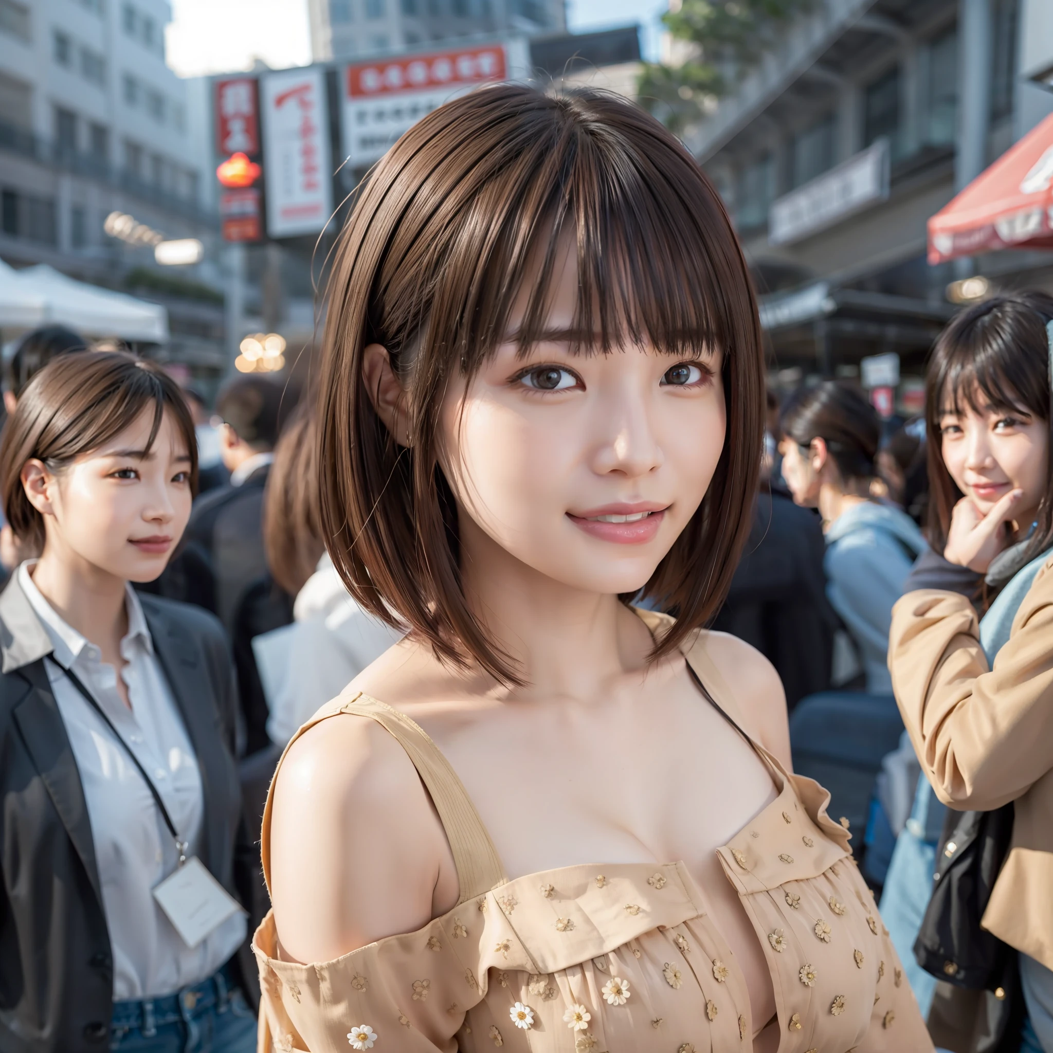 BEST QUALITY、photorealistic、Highres、1 girl、the woman、(skin dentation)、(big chest)、(professional Lighting、bokeh)、(STREET)、(People々、crowds:0.6)、market、(blouse:1)、(portrait、、:0.6)、Luxury、Bloom、(Particles of Light、lens flared、Luminous particles:0.6)、(Dynamic Pose:1)、soft Lighting、Brown hair、Bob Hair、Sareme